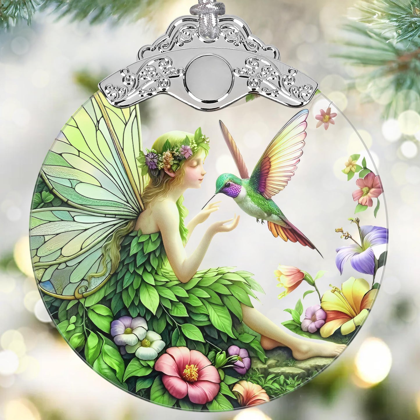 Jocidea Fairy & Hummingbird Christmas Ornament - Stained Glass Hanging Decor - Tree Decoration - Gifts for Women, Her, Mom