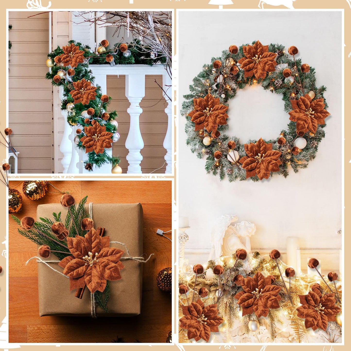 Hungdao 18 Pcs Velvet Christmas Tree Ornament Set Artificial Christmas Poinsettia Flower with Clips and Tree Picks Neutra Holiday Ornaments for Xmas Wreath Fireplace Stairs Decor(Brown)