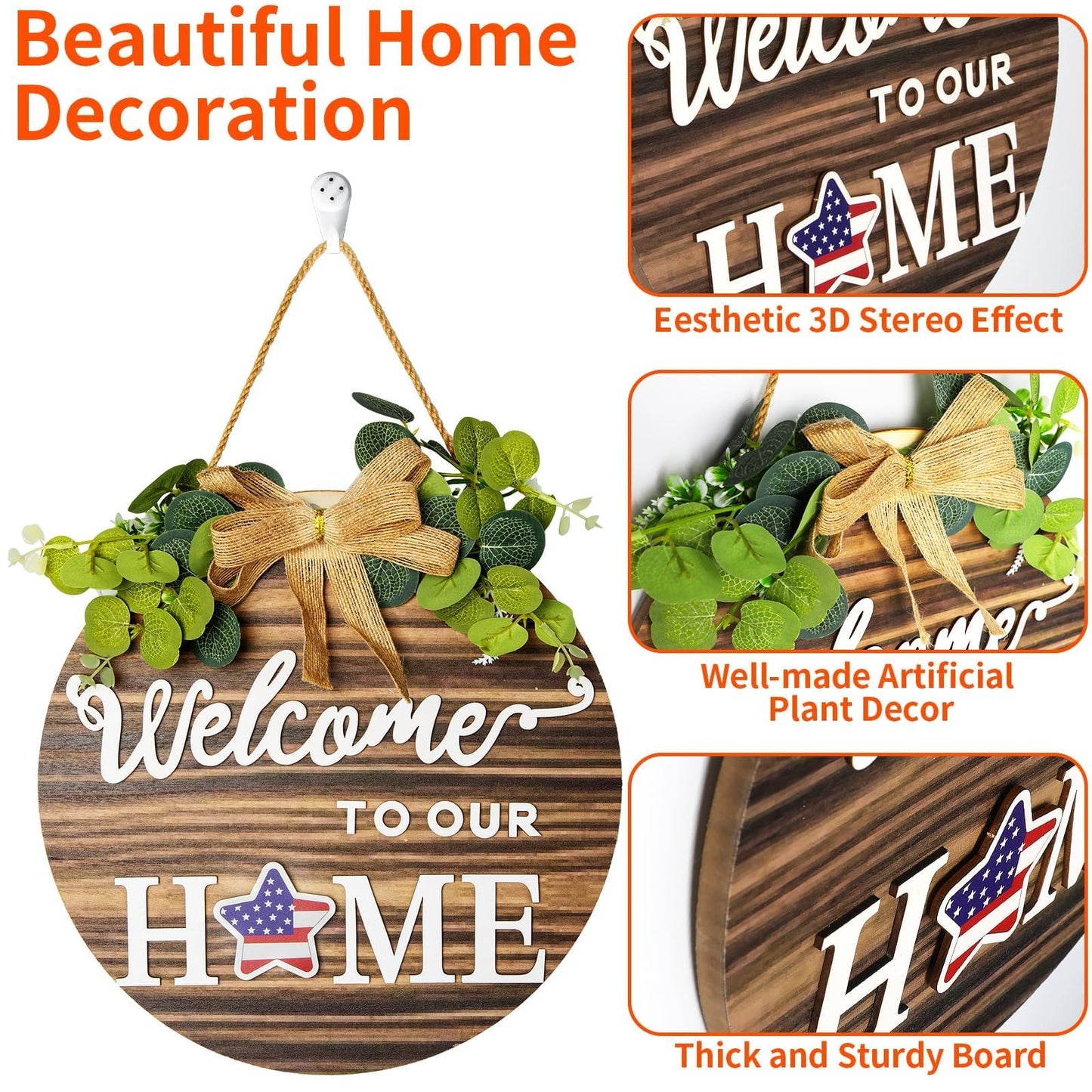 Welcome Sign For Front Door 3D Decor Interchangeable Seasonal Rustic Round Wooden Wreaths Wall Hanging Plaque Outdoor Farmhouse Porch for Spring Summer Fall All Seasons Holiday Halloween Christmas