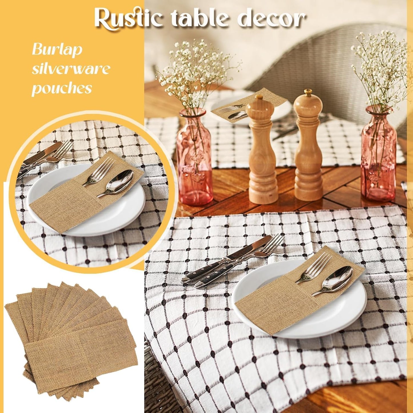 FQTANJU 50 Pcs Burlap Utensils Holders, 4"x8.8" Natural Jute Cutlery Pouch Silverware Holder Knives Forks Spoon Napkin Bag for Rustic Wedding Party Decorations favors