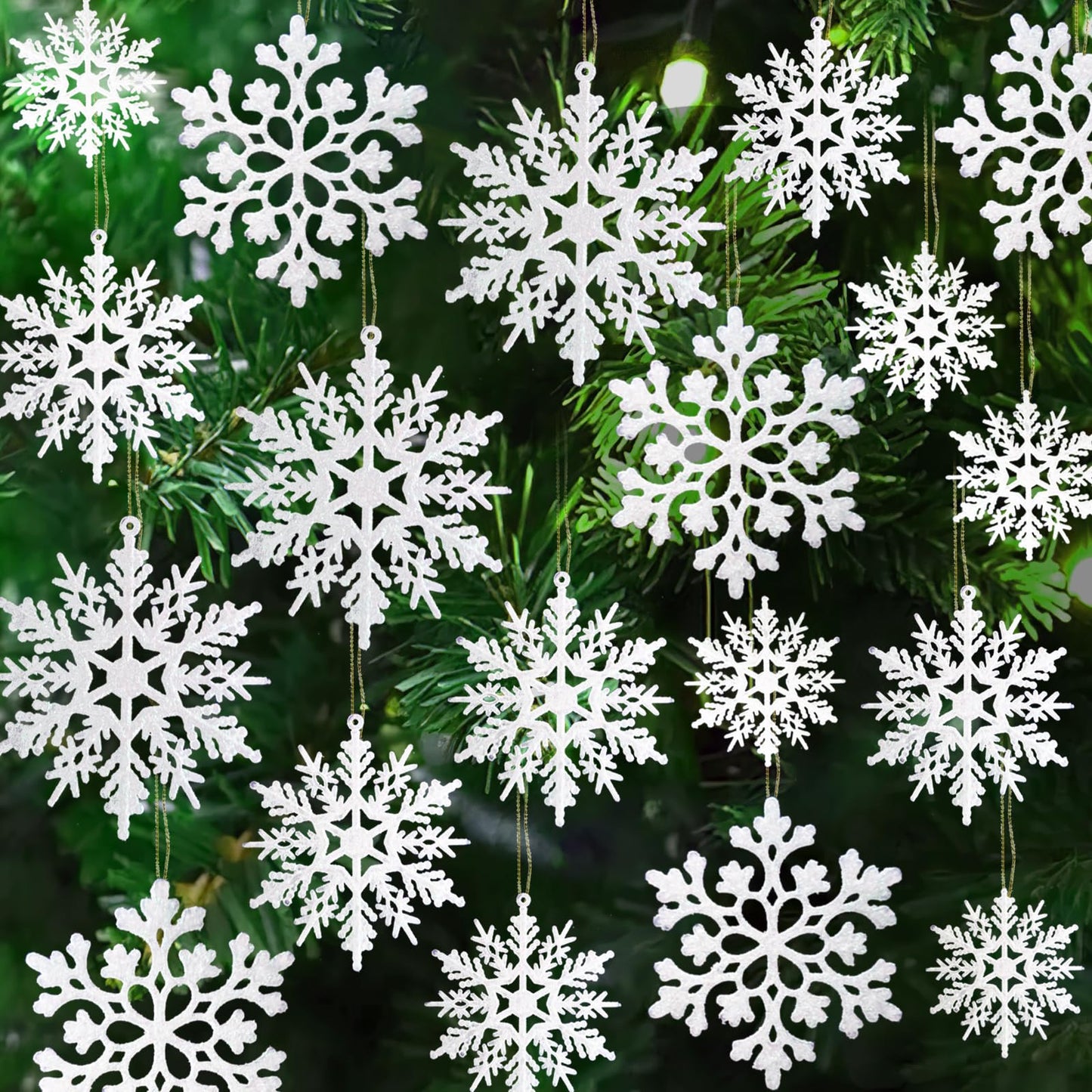 36 Pack White Snowflake Ornaments Plastic Glitter Snow Flakes Ornaments for Winter Christmas Tree Decorations Size Varies Craft Snowflakes