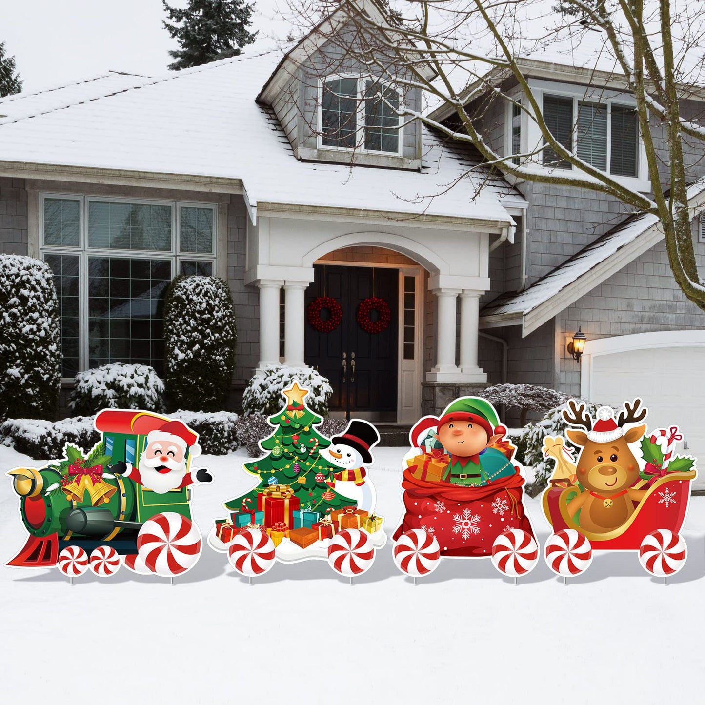 Marsui 4 Pieces Christmas Train Decorations Outdoor Yard Lawn Signs Christmas Tree Gingerbread Santa Snowman Reindeer Train with 8 Stakes for Xmas Holiday Outside Garden Lawn Yard Decor