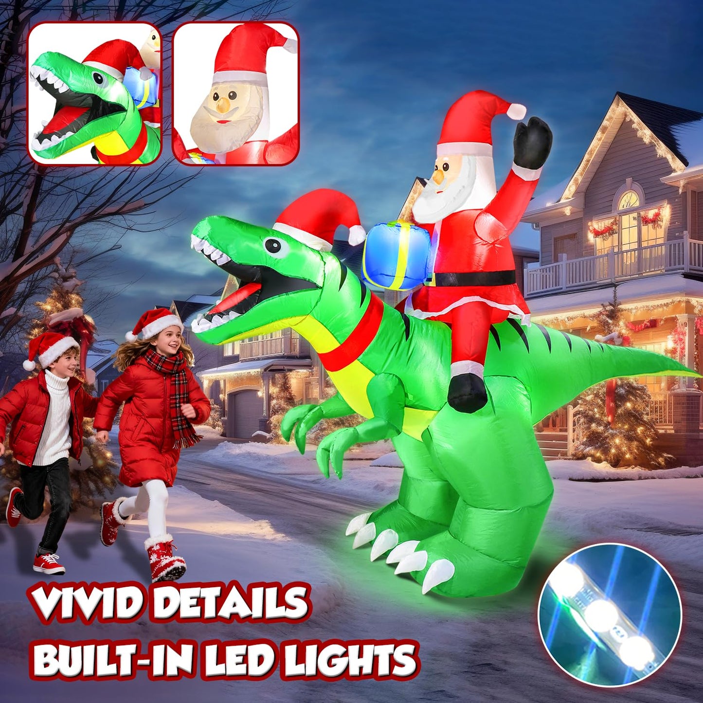 9x7FT Christmas Inflatables Santa Ride on Dinosaur with LED Outdoor Christmas Dinosaur Inflatable Blow Up Yard Decorations with Sandbags Stakes Strings for Garden Decor