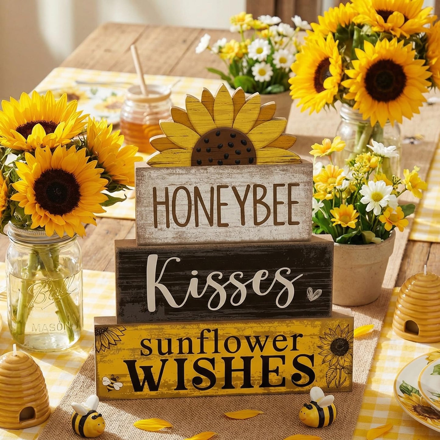 Lineshading 4 Pcs Summer Table Decor Wooden Sunflower Tiered Tray Decor Rustic Farmhouse Yellow Block Signs Gifts Summer Tabletop Centerpieces for Home Kitchen Coffee Bar Decorations