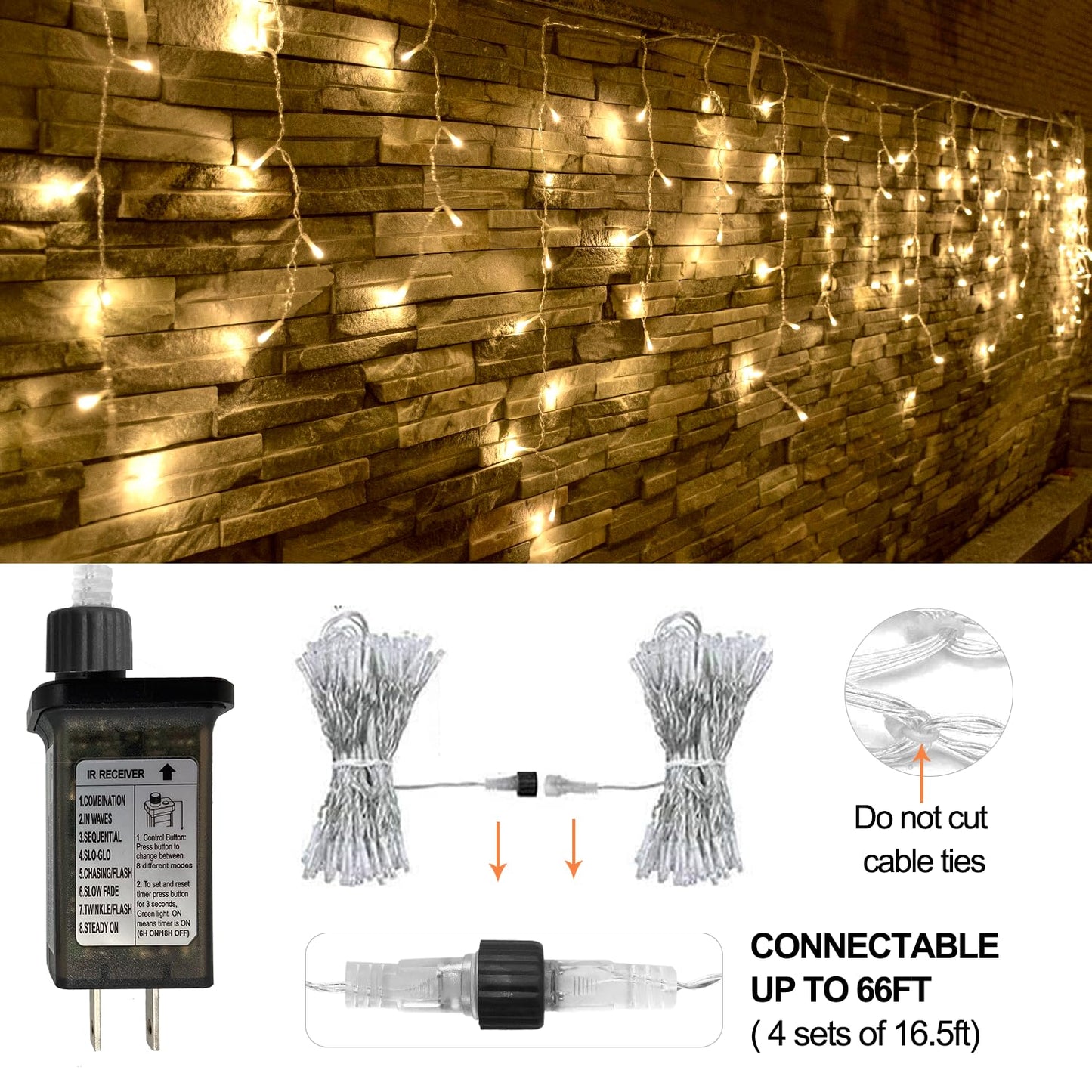 YOLIGHT Icicle Lights Outdoor, 16.5ft 192 LED Christmas Lights With Remote Control, 8 Modes Twinkle Curtain for Garden Bedroom Roof Wedding Party Halloween Decoration (Warm White)