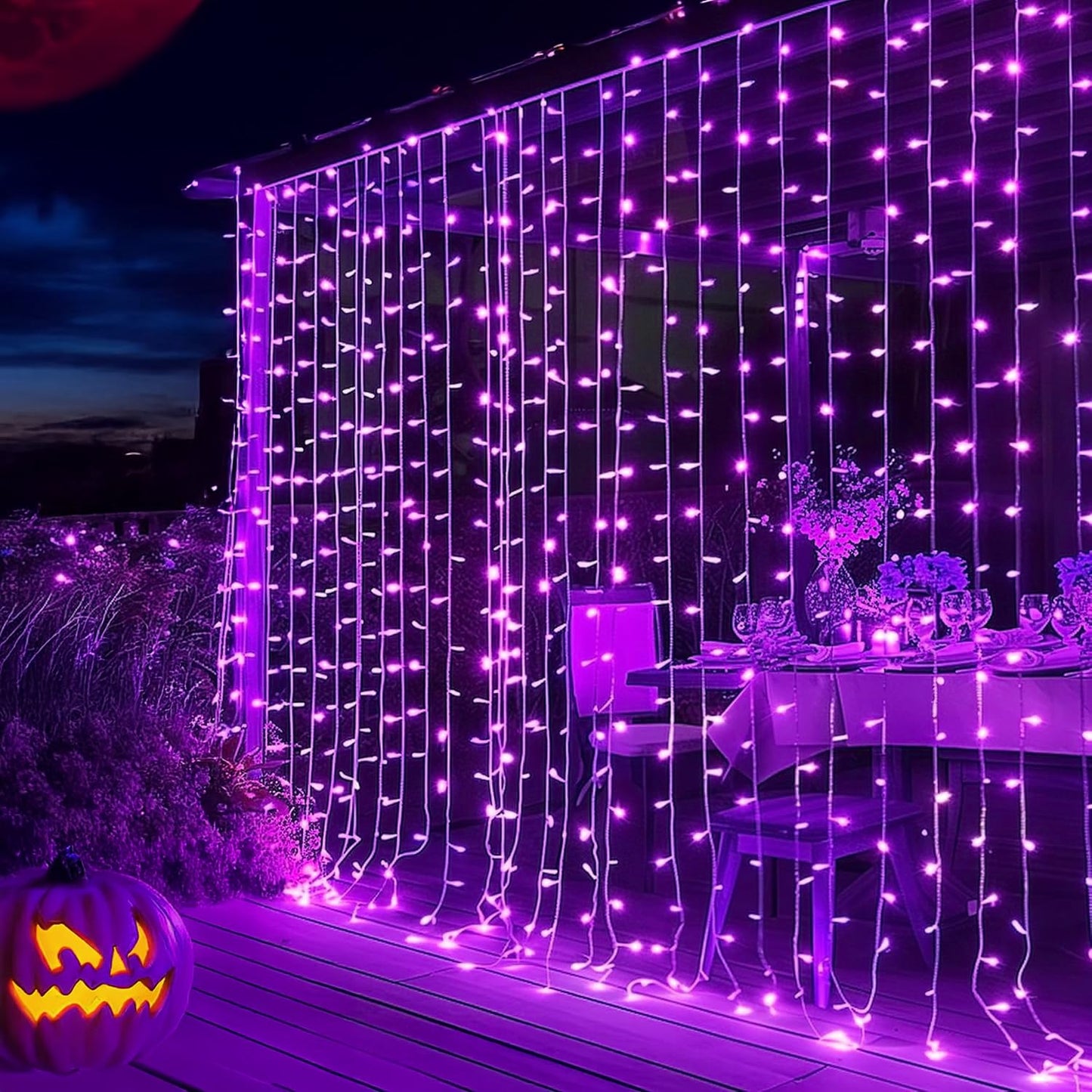 Dazzle Bright 300 LED Christmas Curtain String Lights, Halloween Fairy Lights for Bedroom with 8 Lighting Modes, Waterproof Window Light Party Wedding Garden Wall Decor, Purple