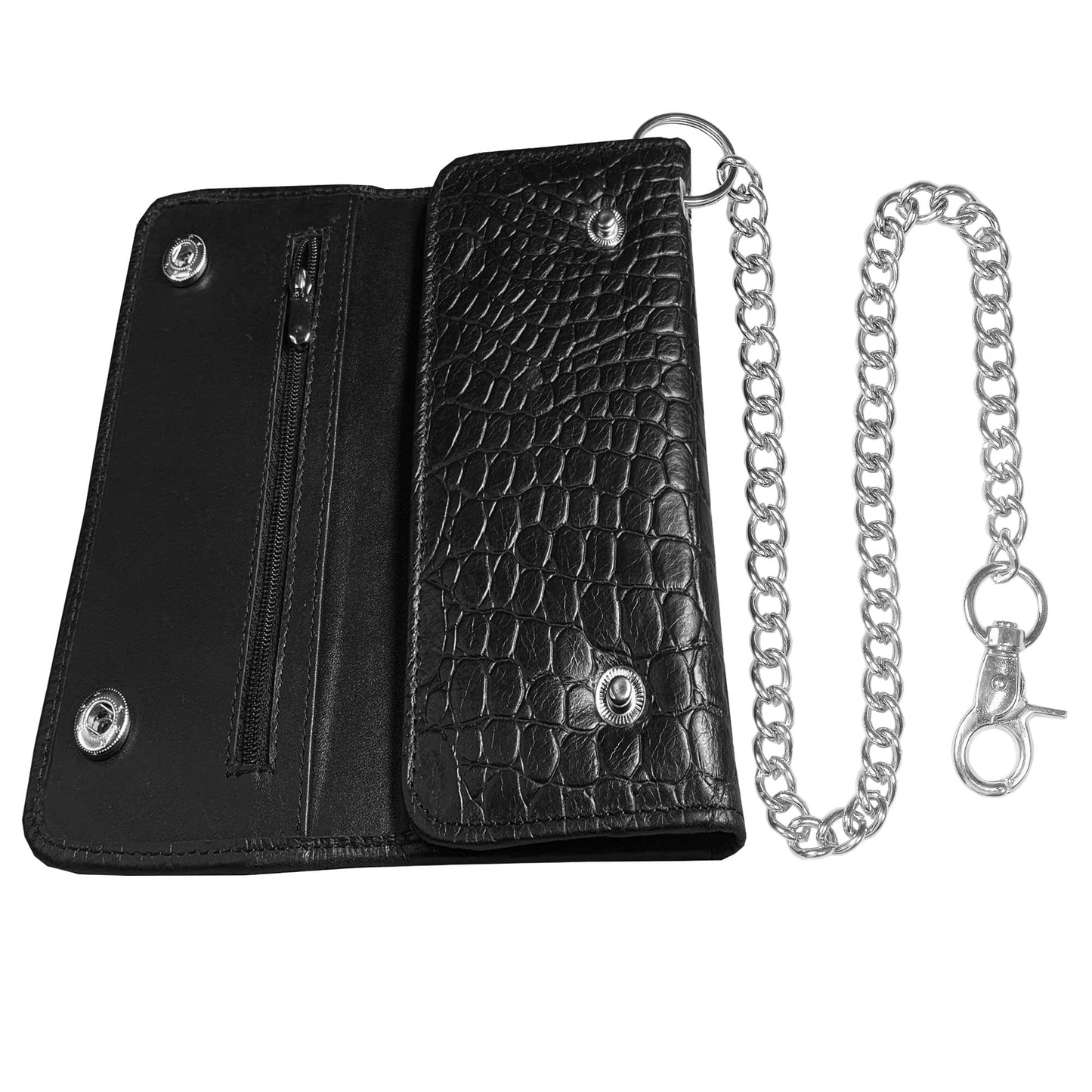 IBRO Motorcycle Chain Wallet for Men – Premium Cowhide Leather, RFID Tri-Fold Biker Wallet with Heavy Duty Chain for Bikers Truckers & Hunters, Credit Card Money Organizer Long Wallet Crocodile Black