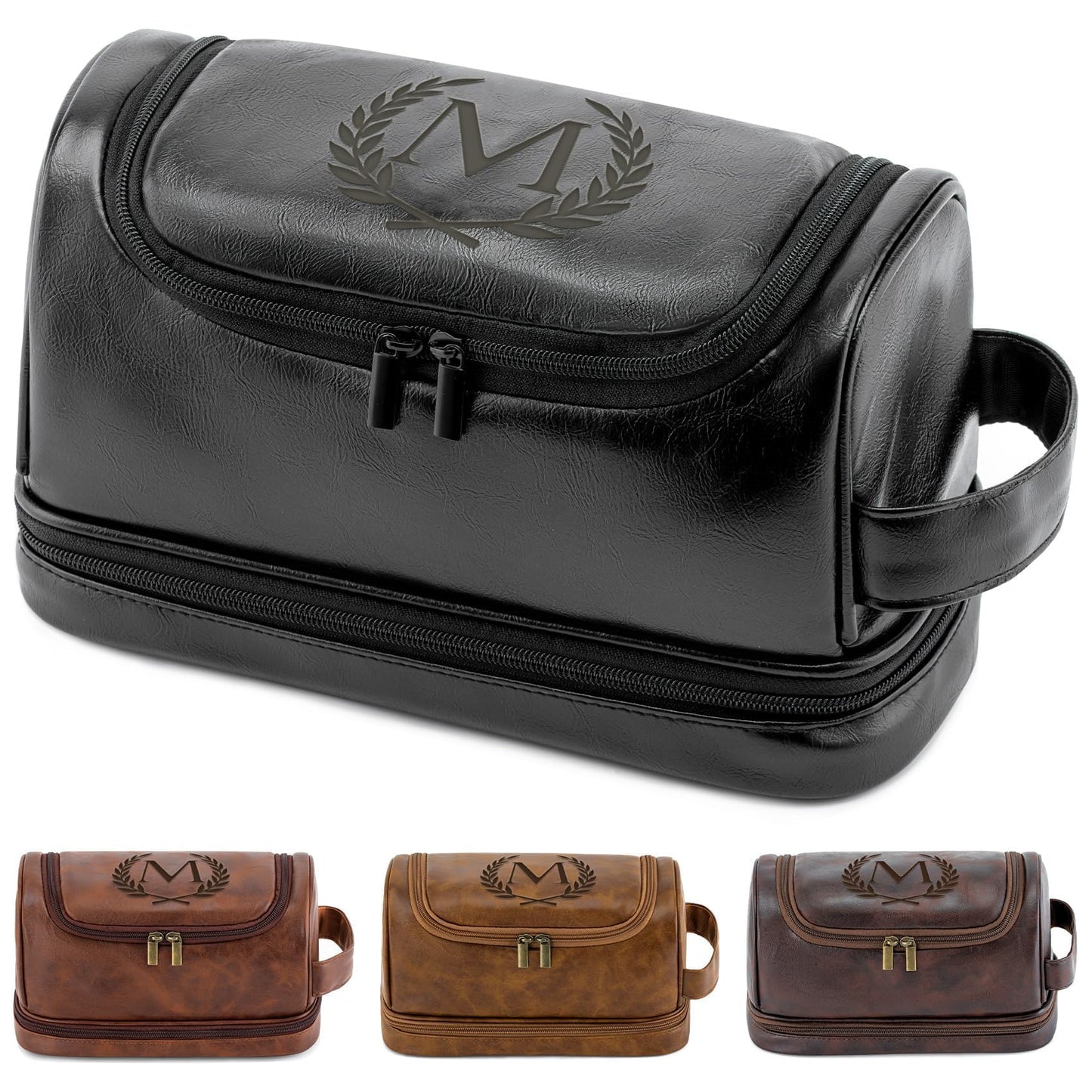 Aganmi Personalized Gifts Travel Toiletry Bag for Men Him, Laser-Engraved Initial PU Leather Waterproof Shaving Bag Christmas Birthday Gift for Men Dad Husband Boyfriend Groomsmen, Black M