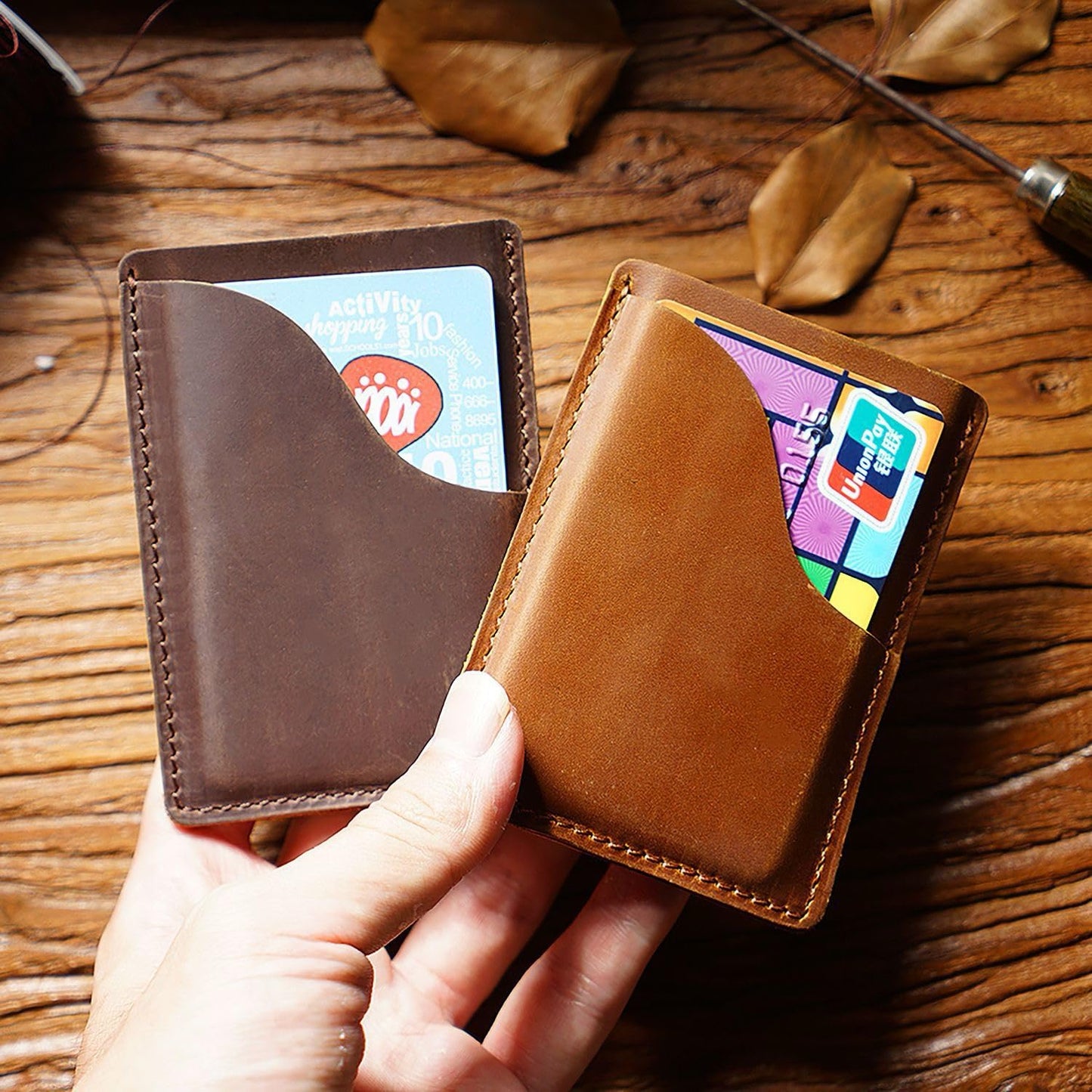 viatra Slim Minimalist Card Holder Wallet, Full Grain Leather, Tan, Men's (Coffee)
