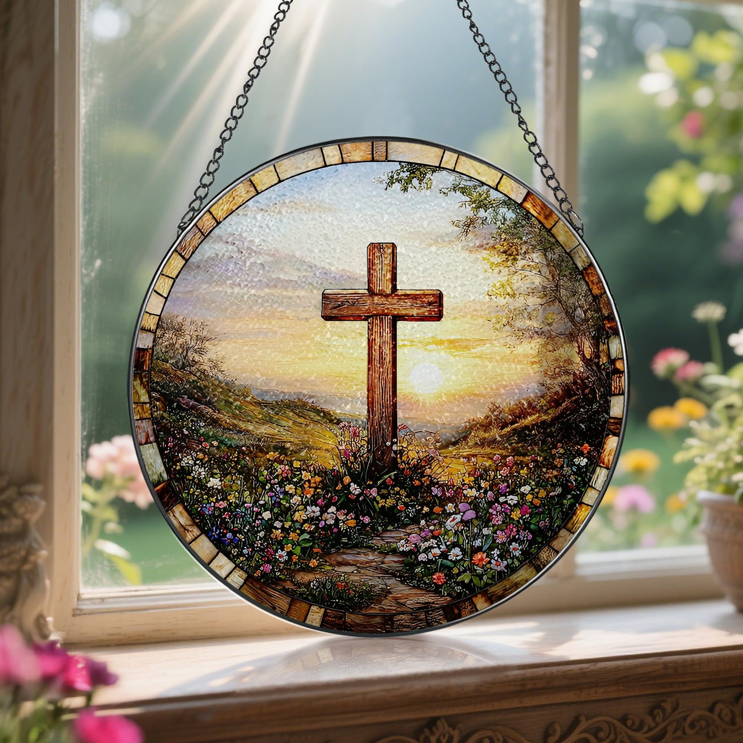 LAOWEIKI 8 Inches Cross Sunset Stained Glass Suncatcher, Christmas Ornament, Window Hanging Decor, Christian Home Decor, Christian Gift, Religious Gift, Gifts for Christmas