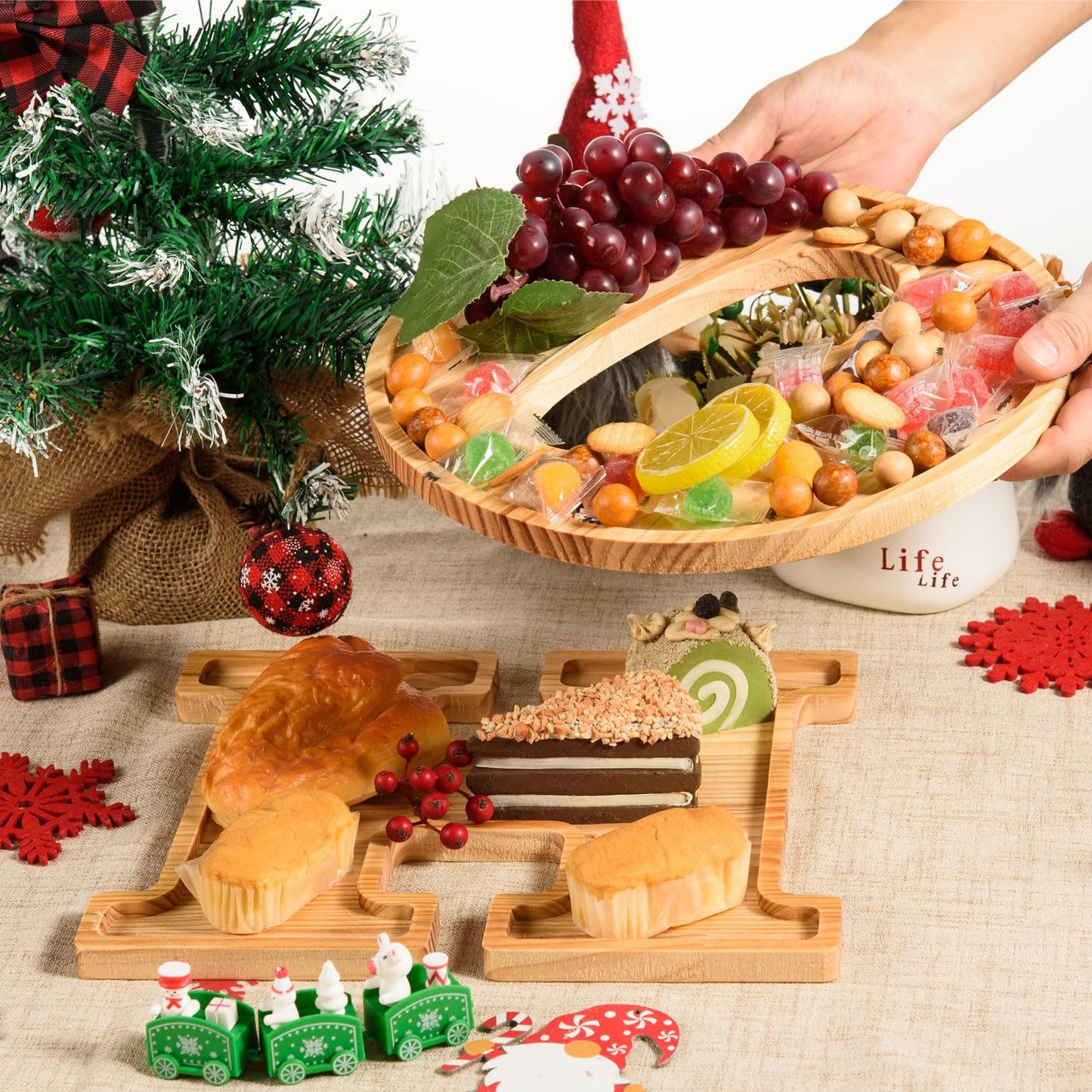 AWIZOM 2 Pcs Christmas Charcuterie Boards HO Wooden Serving Platters Christmas Pine Wood Trays Wooden Snack Cookie Dish Plates for Home Kitchen Xmas Holiday Housewarming Dinnerware Presents