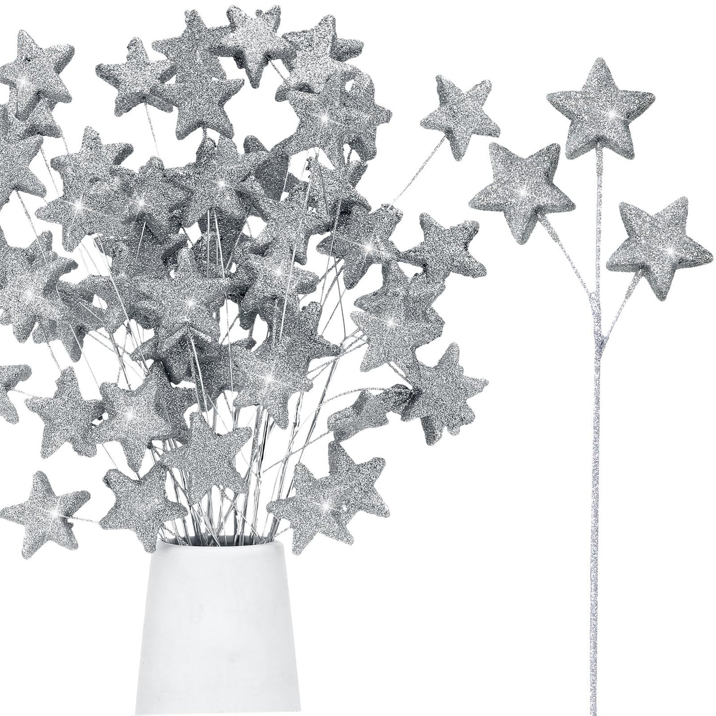 Wavwavw 24 Pcs Glitter Star Picks 13.8'' Sparkly Star Stem Picks Decoration Foam Vase Sticks Centerpiece Table Craft Vase Filler for Wreath Birthday Wedding Bridal Shower Arrangement(Silver)