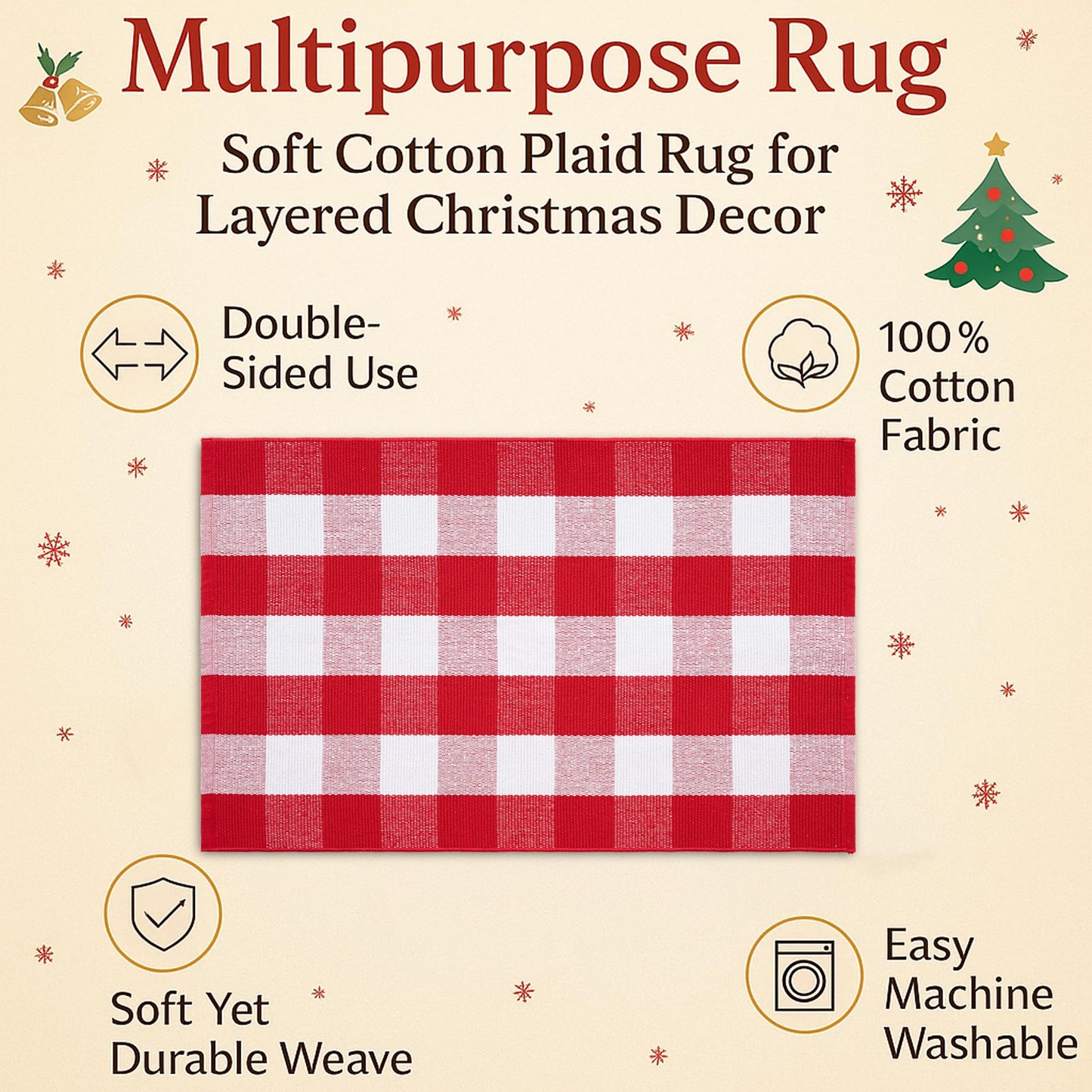 Christmas Door Mat Combo Set - 100% Coco Coir Welcome Mat + 3' x 5' Red and White Plaid Rug, Christmas New Year Holiday Collection Doormat for Front Porch Entryway Decorative