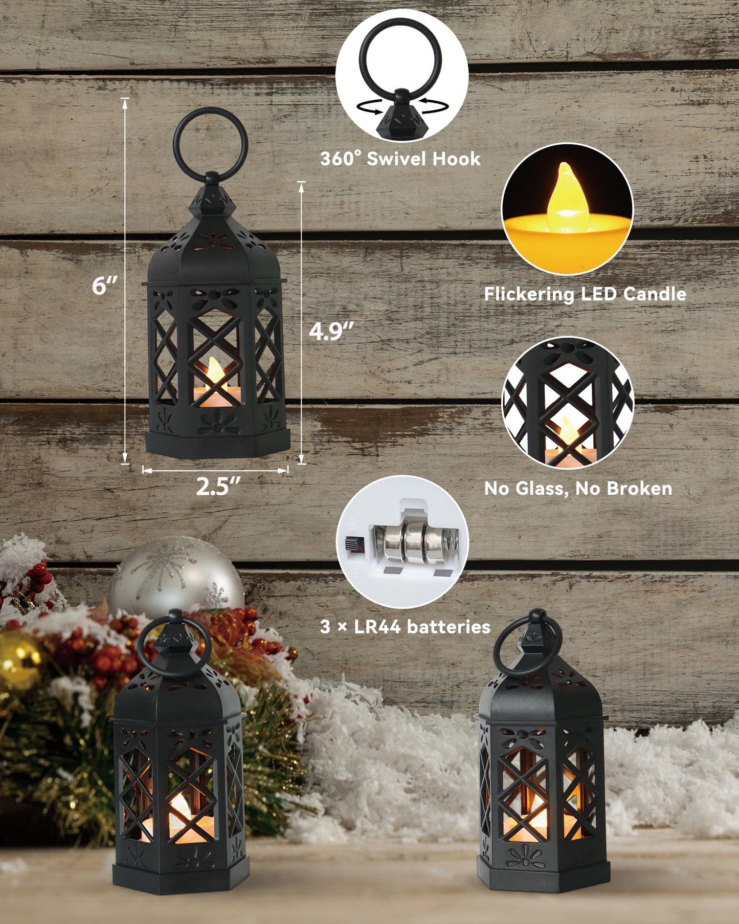 Reperla 8-Pack Mini Lanterns with Flickering LED Candles for Ramadan, Moroccan Decorative Hanging Lanterns for Halloween, Christmas, Wedding, Black Lantern for Table Centerpiece, Home & Party Decor
