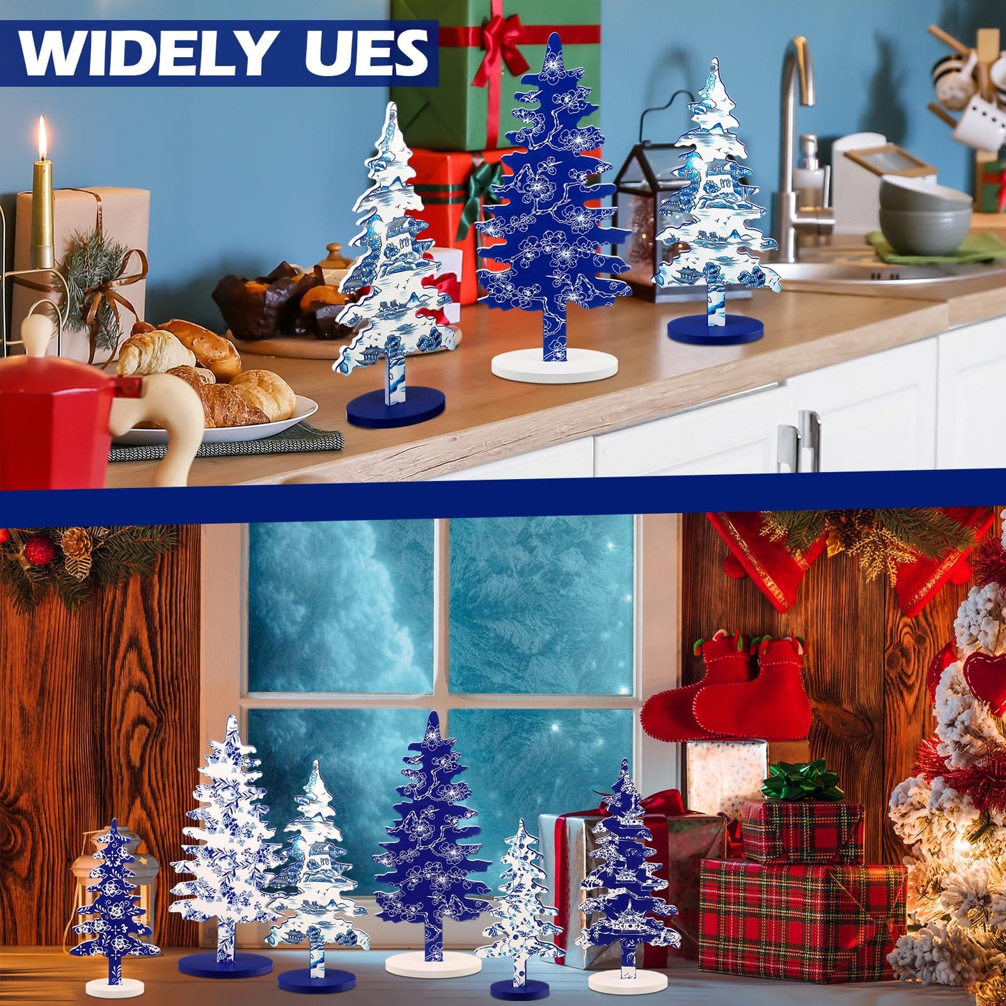 Kigley 6 Pcs Porcelain Christmas Tree Sign Table Decor 6" 8" 10.5" Blue White Xmas Tree Tabletop Christmas Tiered Tray Centerpieces Xmas Gift for Home Mantel Shelf Office Party Windowsill Decoration