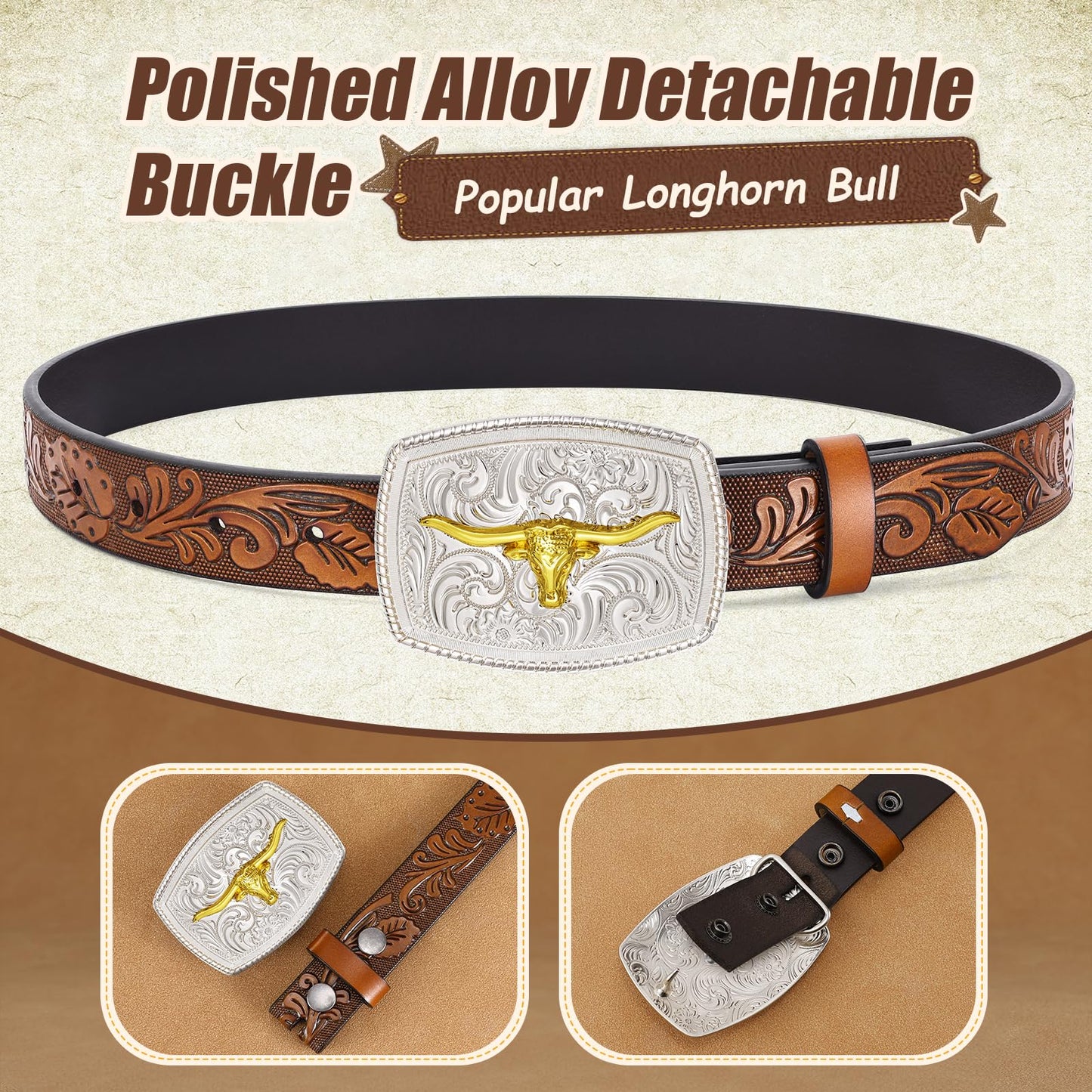JKEEMI Kids Western Belt, Boys Girls Cowboy Belt for Kids with Detachable Square Buckle and Genuine Leather for Jeans Gifts