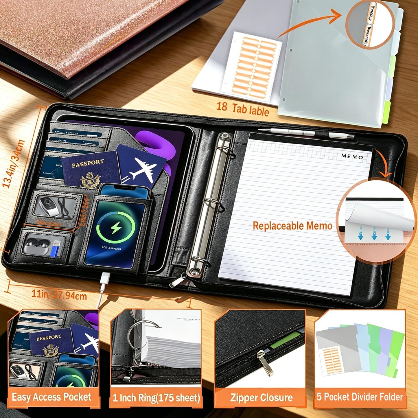 KLLVE Clipboard with Storage for Men Women, Leather Padfolio Portfolio with Zipper, 1 Inch 3 Ring Binder 5 Dividers, Notepad for Letter Size, Elastic Closure and Pen Loop, Card Slot Black
