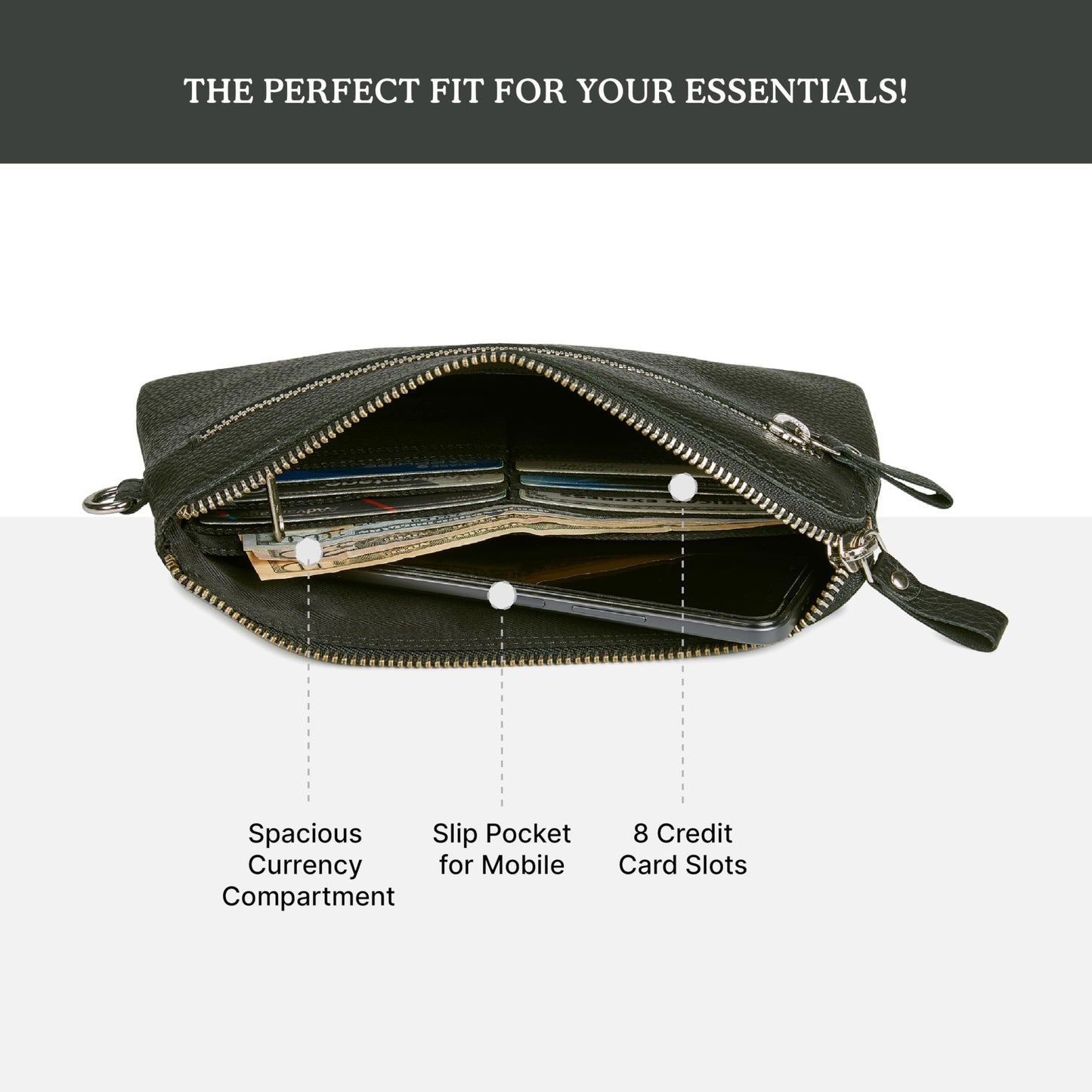 Wise Owl Accessories Genuine Leather Wristlet Wallet for Women Clutch Handbag Purses for Cell Phone Keys Coins Credit Card Slots (Black Nappa)