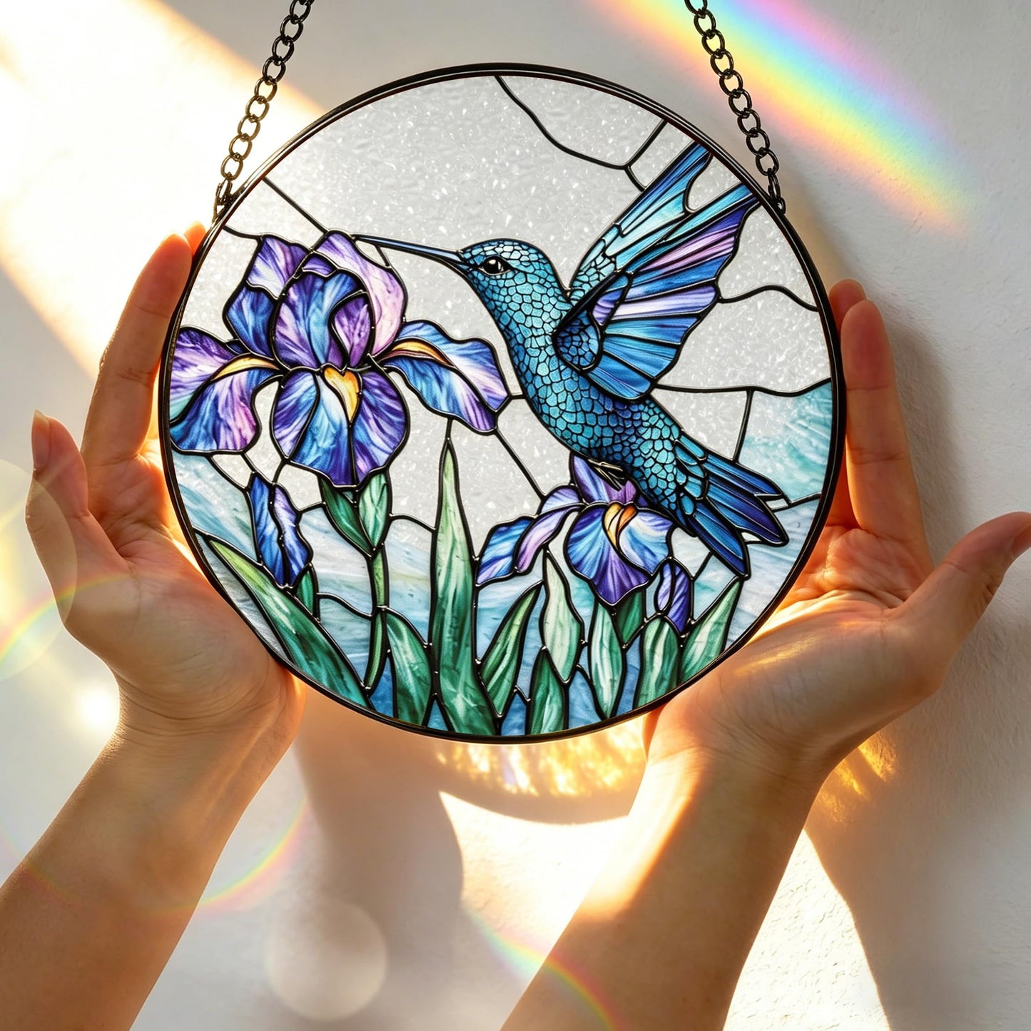 Stained Glass Window Hanging, 7.8 Inch Hummingbird and Iris Flower Stained Glass Suncatcher Ornament, Sun Catchers Indoor Window Decor, Nature Lover Gift, Gifts for Women: Wife, Mom & Grandma