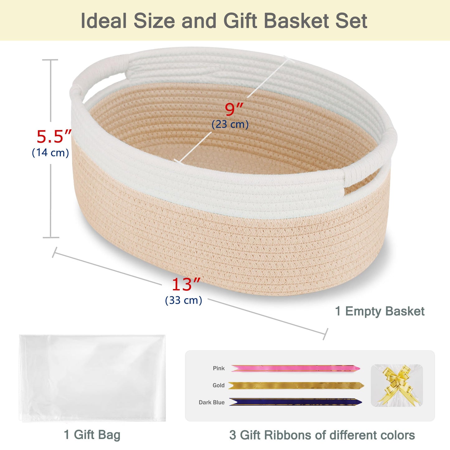 BOSROTY Small Woven Basket with Gift Bags and Ribbons, Empty Baby Gift Baskets for Kids Women Men, Shelf Storage, Small Cat Dog Pet Toy Boxes, 13”x 9”x 5.5”, Beige