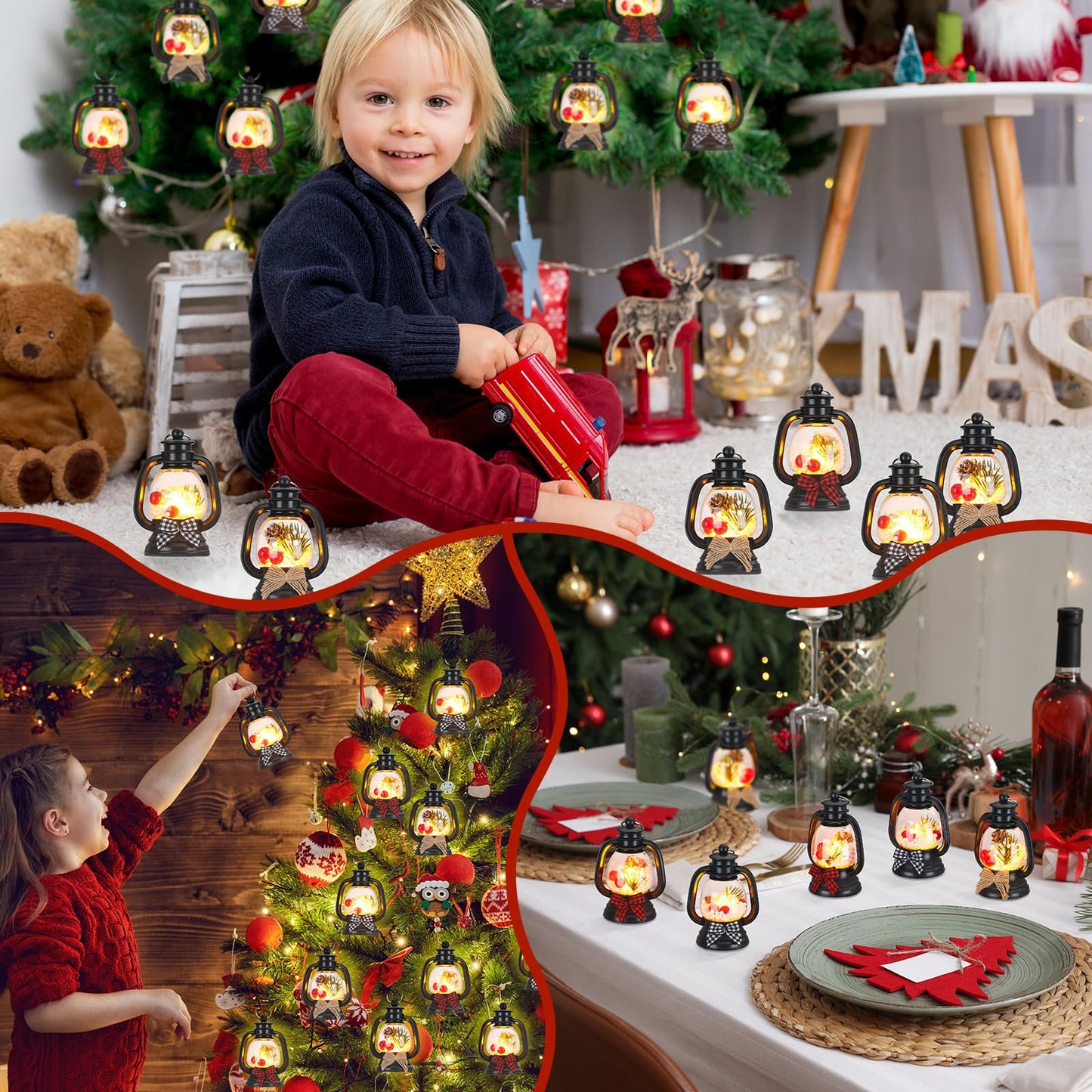 ROCEEI 12 Pcs Mini Christmas Lantern with Pine Cones, Berries, Pine Branches Flickering LED Candles Vintage Christmas Lantern with Bow Tie Ornament Hanging Candle Lantern Table Centerpiece for Xmas