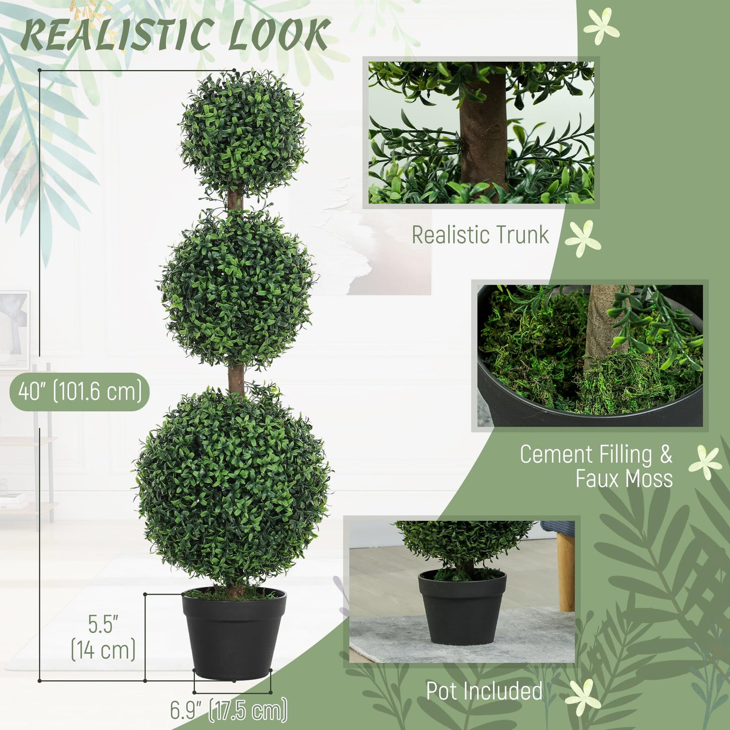 HOMCOM Artificial Plants Topiary Ball-Shaped Boxwood Trees in Pot Set of 2 Fake Plants for Home Indoor Outdoor Front Porch Decor, 40 Inch, Green