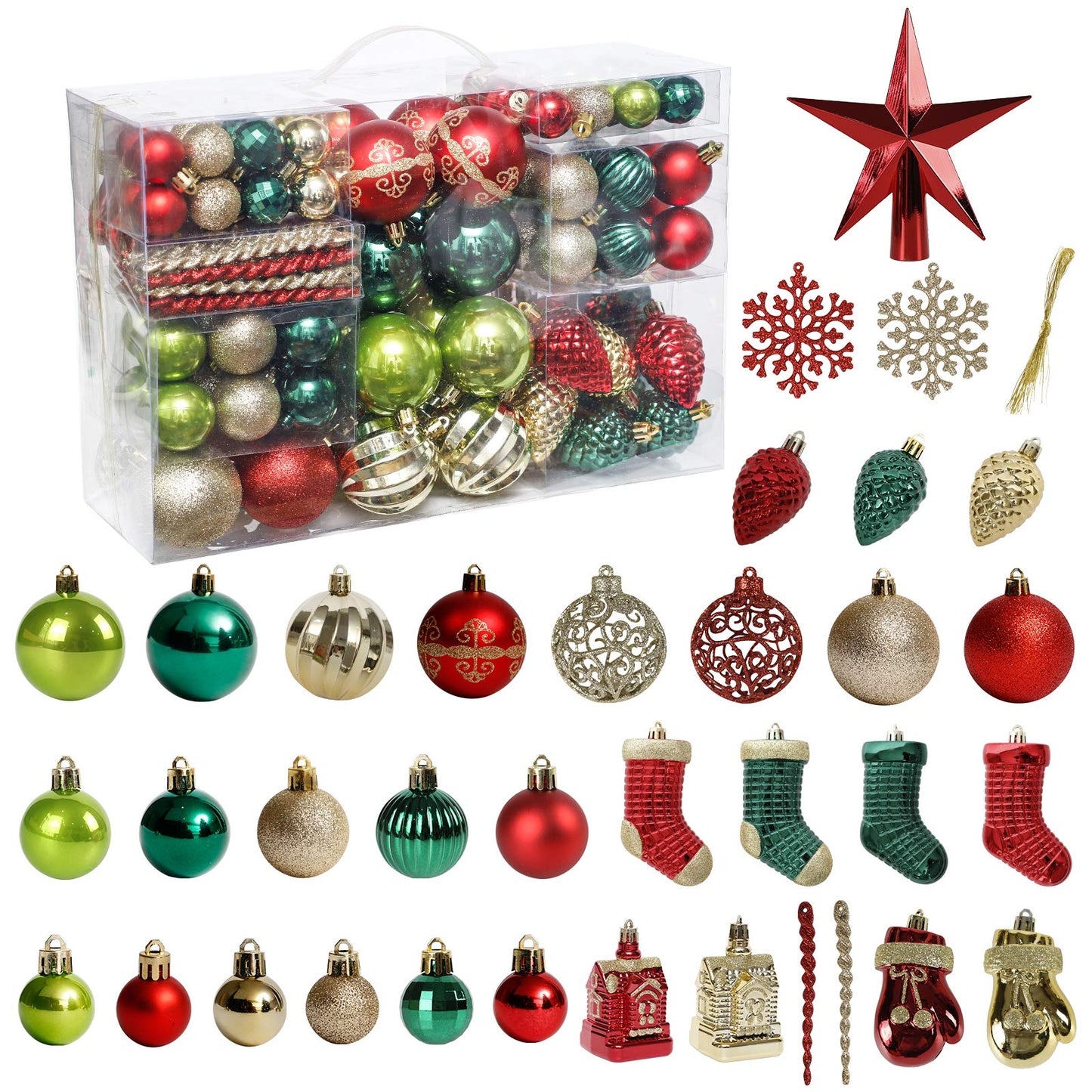 ROSELEAF 132pcs Christmas Tree Decoration Set - Red, Green & Gold Shatterproof Hanging Ornaments - Folk Art Style - Christmas, Wedding, Anniversary