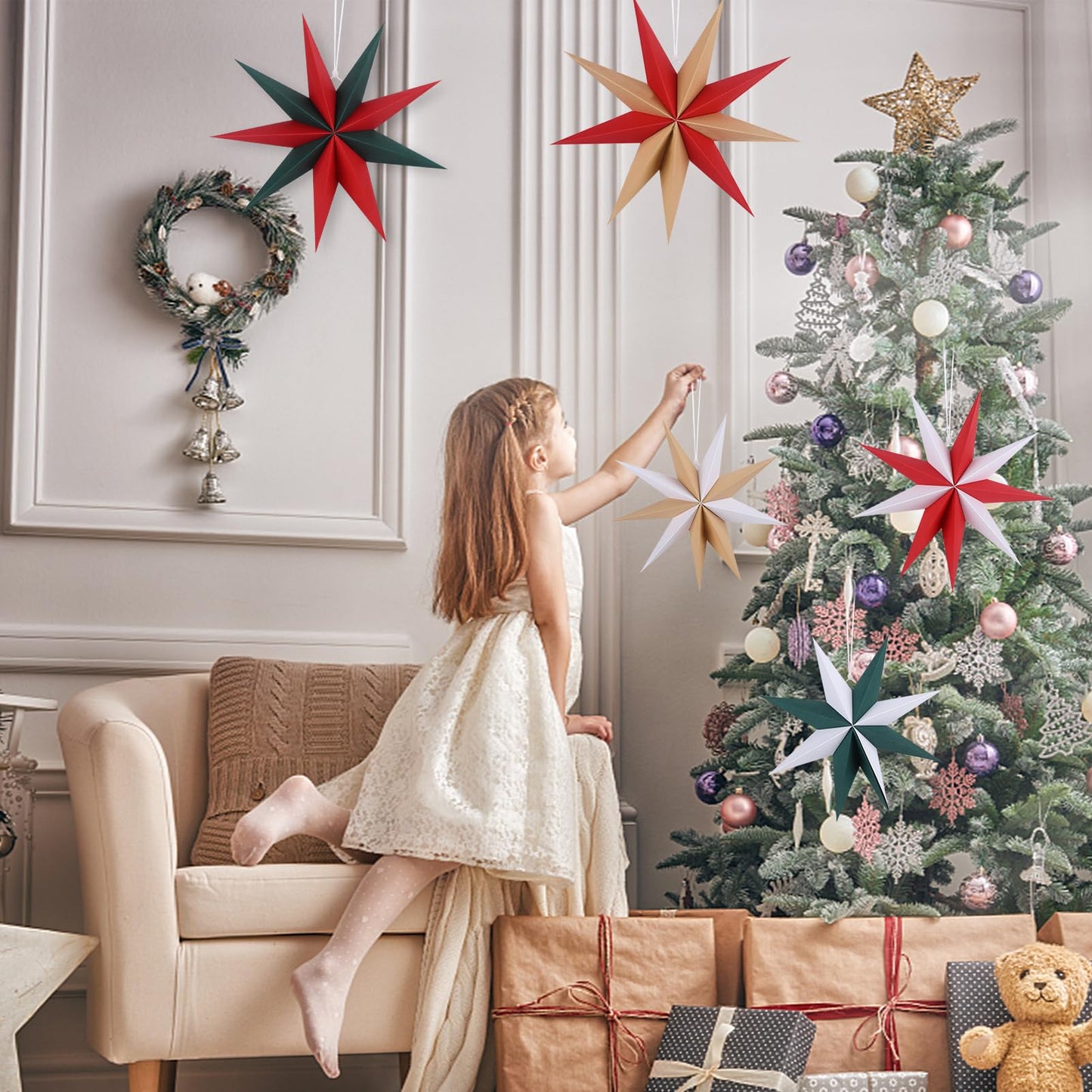 BestoFun 12 Inches 5 PCS Cindy Paper Star Lanterns Red Green White Christmas Party Decorations Hanging Stars Christmas Party Decorations Wedding Birthday Christmas Home Party Decorations(9 Pointed)