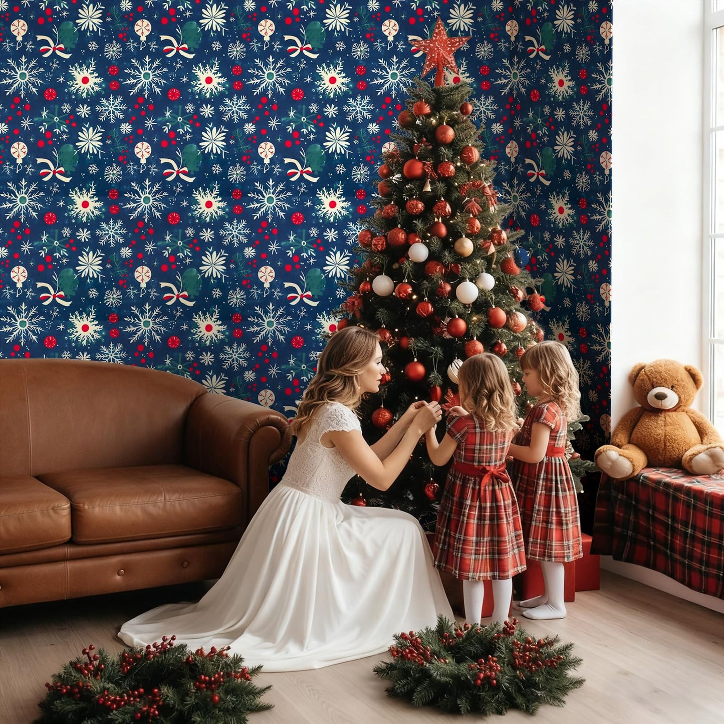 Christmas Peel and Stick Wallpaper Snowflake & Ornament Contact Paper Green Holiday Wall Paper Decor Removable Self-Adhesive Wallpaper Vinyl Christmas Decoration for Countertop Cabinets 17" x 196.8"