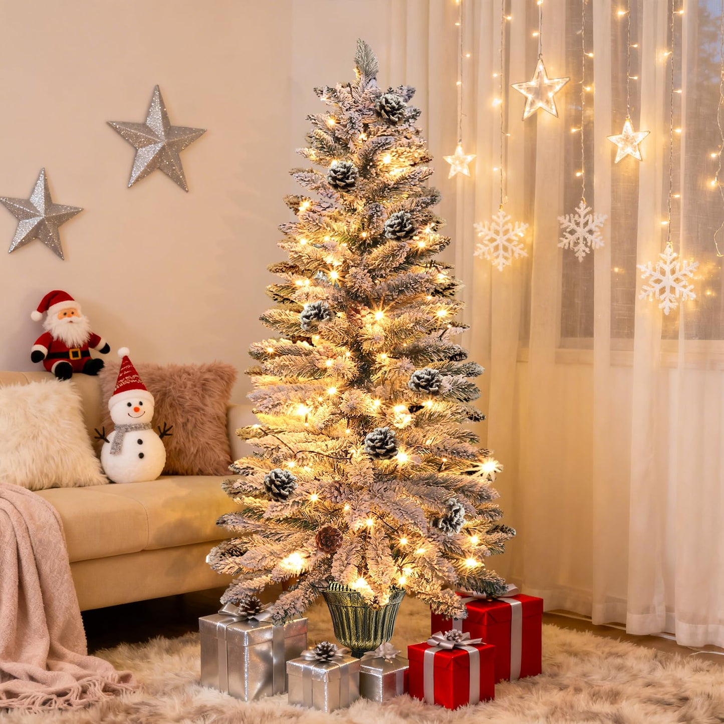 2 Pack 4 Ft Snow Flocked Christmas Entrance Tree in Pot Base with Timer 8 Mode 60 Warm White and Colorful Change Lights 12 Pine Cone Battery Operated for Porch Front Door Entryway Home