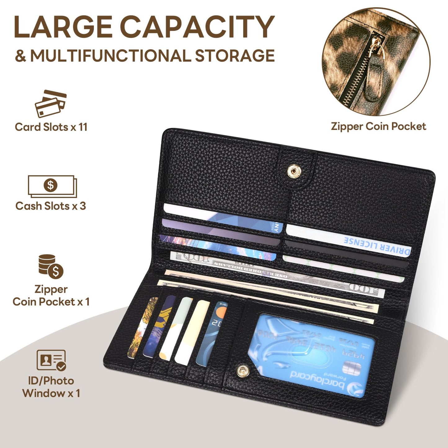 Handlein Womens Wallet, Extra Slim RFID Wallets, Leather Bifold Clutch Billfold Purse, with 11 Card Slots & ID Window, Cute Credit Card Holder Purse for Ladies Girls (Leopard Print)