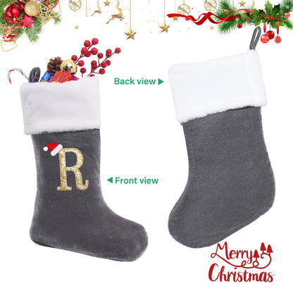Sailup 20 Inches Monogram Christmas Stockings with Letters, Large Super Soft Christmas Stockings Grey Velvet with White Super Soft Plush Cuff for Christmas Xmas Tree Holiday Fireplace Grey