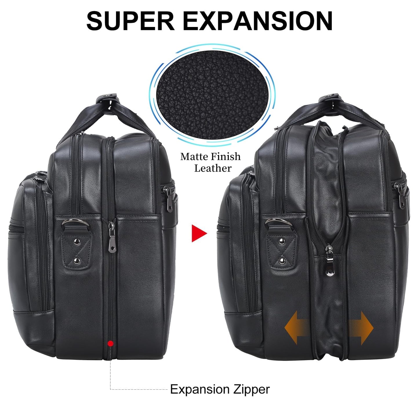 Masa Kawa Black Leather Briefcase Messenger Bag Men Expandable 17 Inch Laptop Business Travel Duffel Crossbody Shoulder Weekender Overnight Bags,Large