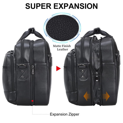 Masa Kawa Black Leather Briefcase Messenger Bag Men Expandable 17 Inch Laptop Business Travel Duffel Crossbody Shoulder Weekender Overnight Bags,Large