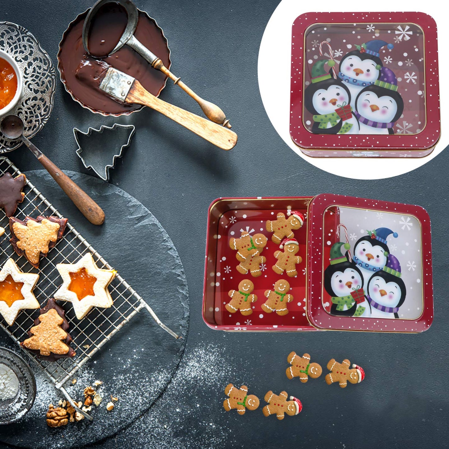VALICLUD Christmas Candy Tinplate Box 6.10X6.10X2.16In Holiday Cookie Storage Container with Lid Xmas Party Favor Gift Box