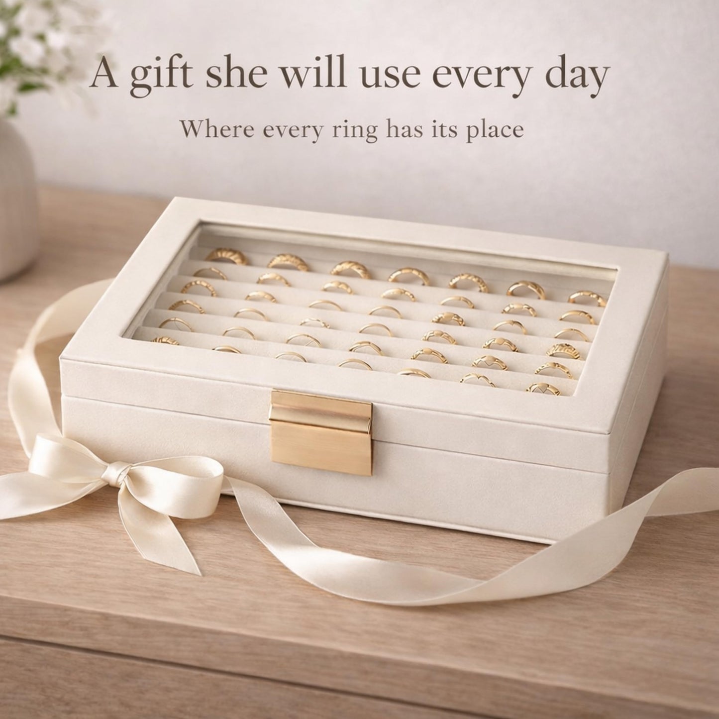 Ring and Earring Jewelry Display Box – Holds Up to 80 Rings, Faux Leather Jewelry Box with Velvet Interior and Clear Viewing Lid for Ring Organizer and Display