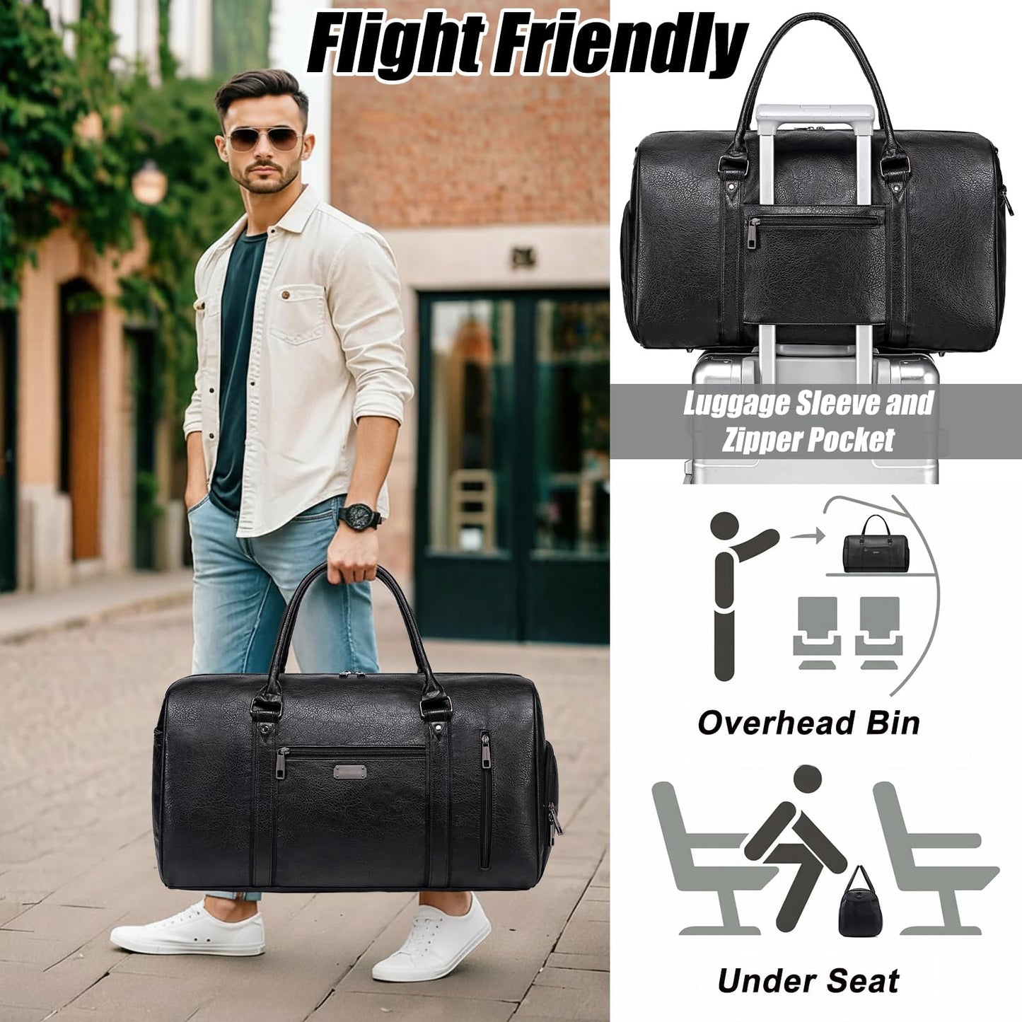 Large Travel Duffel Bag for Women Men, Faux Leather Weekender Overnight Bag with Shoe Compartment, Waterproof Carry On Bag with Toiletry Bag, Travel Tote Bag Gym Bag (Black)