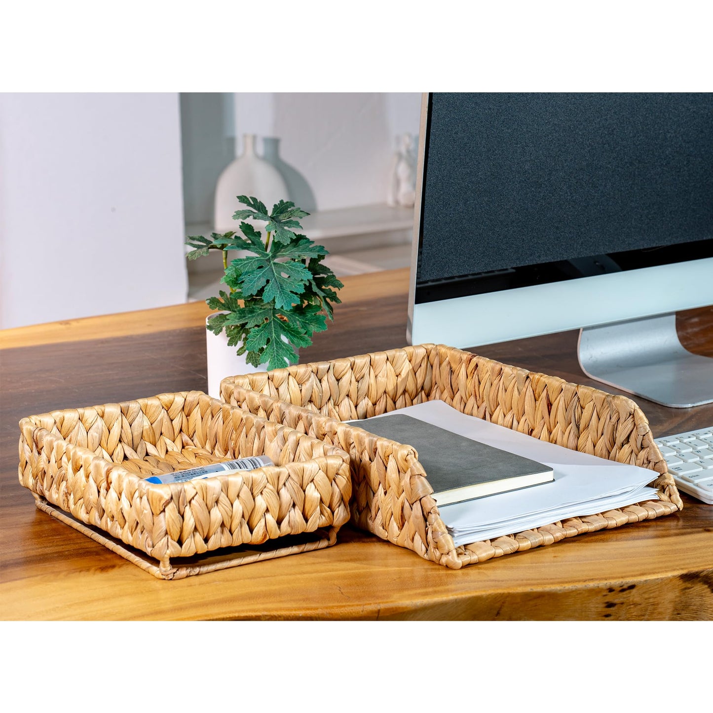 PINXIURY Woven Water Hyacinth Paper Organizer for Desk – Set of 2 Letter Trays – Tabletop Folder & Document Storage Trays – Desktop File Organizer for Home & Office