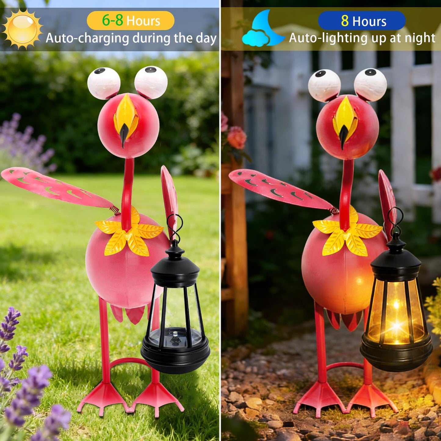 Solar Garden Lights Flamingo Statue with Solar Lantern, Flamingo Decor Fairy Accessories, Mothers Day Birthday Gifts for Women Mom Grandma, Big Metal Decorative Stakes for Home Patio Porch Yard Art