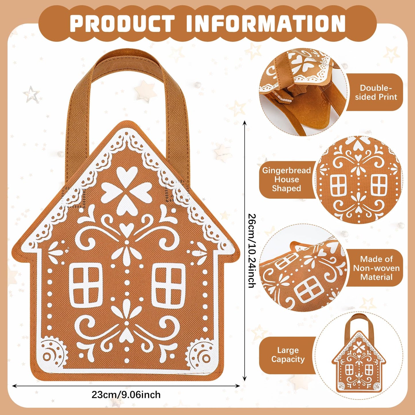 Silkfly 48 Pcs Non Woven Gingerbread House Christmas Tote Bags with Handles Gingerbread House Shape Gifts Candy Goodies Treats Bags for Xmas Holiday Party Favors