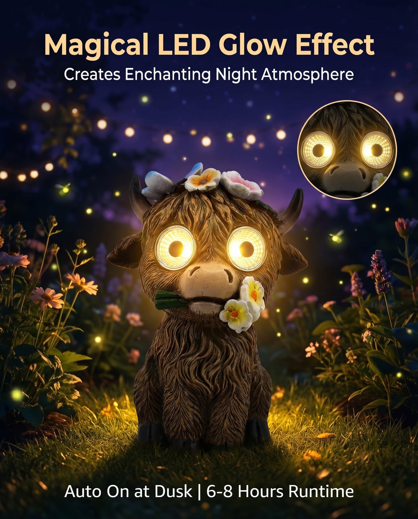 iStatue Solar Highland Cow Garden Statue with LED Light – Cute Resin Cow Figurine Outdoor Yard Decor, Waterproof Lawn Ornament, Gift for Women Mom Garden Lovers (1-Pack)