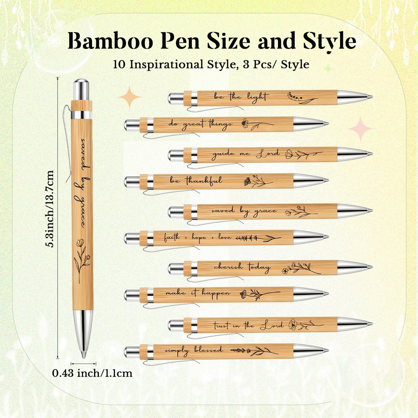 Watersay 30 Pcs Inspirational Bamboo Ballpoint Pens Positive Gifts Bulk Flower Thank You Pens Employee Appreciation Gifts for Coworkers Student Teacher Office