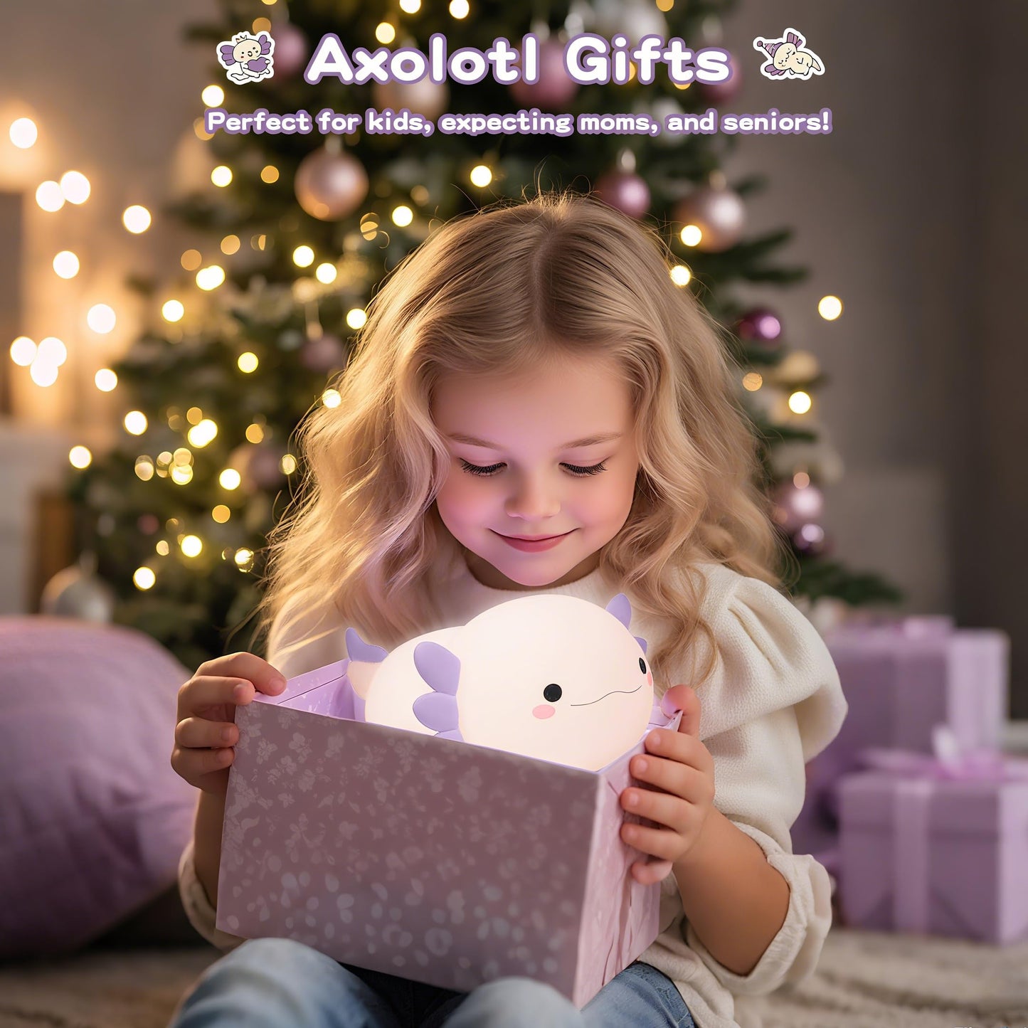 FAMIDUO Axolotl Night Light for Kids,Cute Purple Axolotl Lamp,LED Squishy Nursery Nightlight, Soft Silicone Novelty Animal Bedside Touch Lamp, Room Decor,Axolotl Gifts for Mom Girls Baby Toddler
