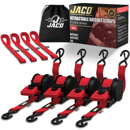JACO Retractable Ratchet Straps Tie Down Kit (4-Pack) - 1 inch x 15 ft. (1,763lb Break Strength) (Red)