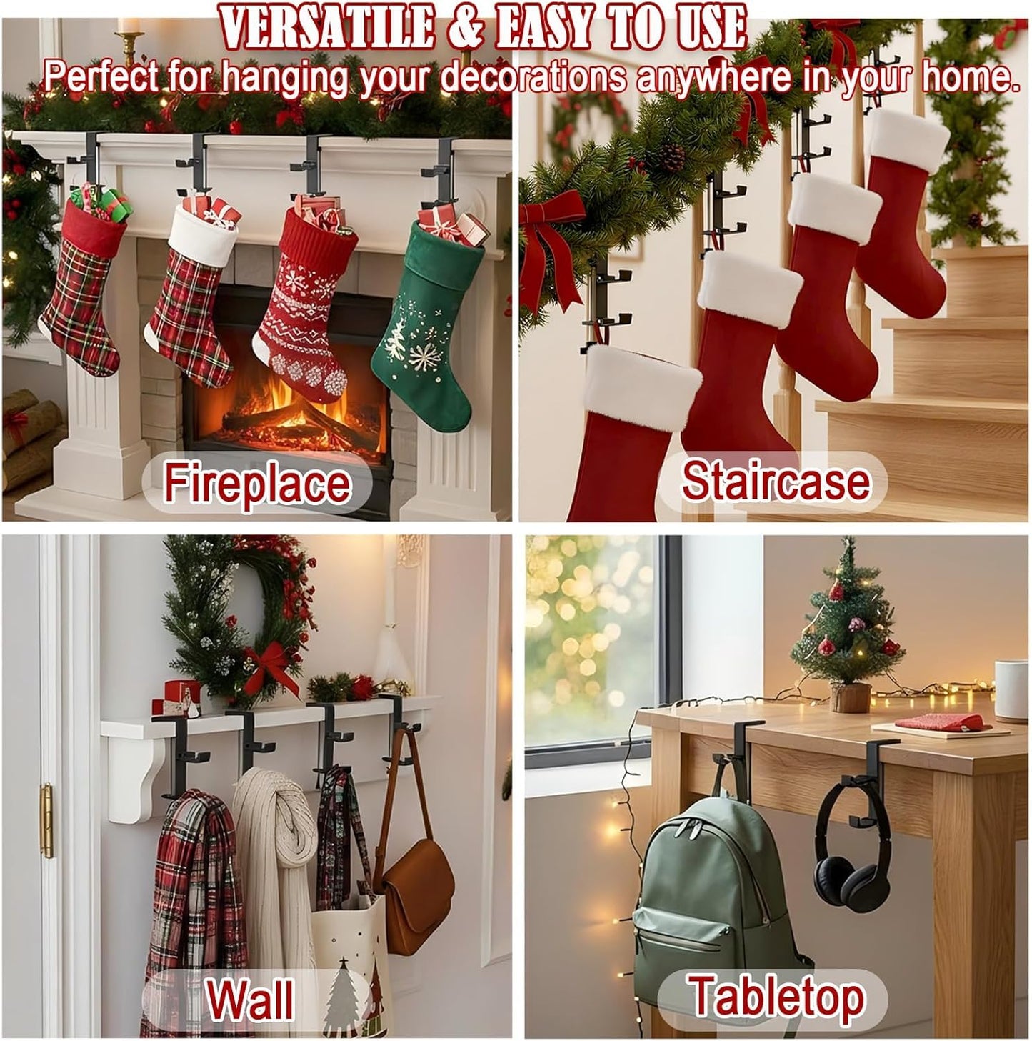 Clarmonde 4 Pack Stocking Holders for Mantle for Christmas Decorations,2 in 1 Mantle Garland Holder for Hanging Christmas Stockings,No Drilling Required & Adjustable Garland Hanger, Metal (4 Black)
