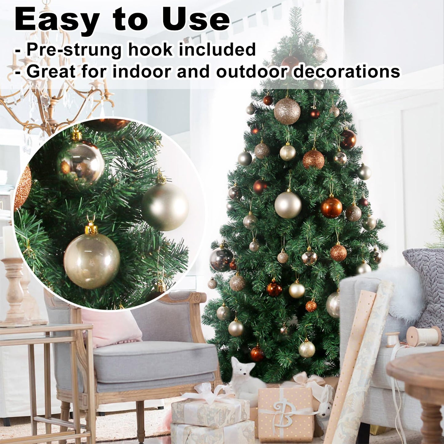 Champagne Gold 2.5" Christmas Balls Christmas Tree Decoration Ornaments Shatterproof Hanging Balls for Birthday Halloween Holiday Wedding Decorations Set of 24pcs