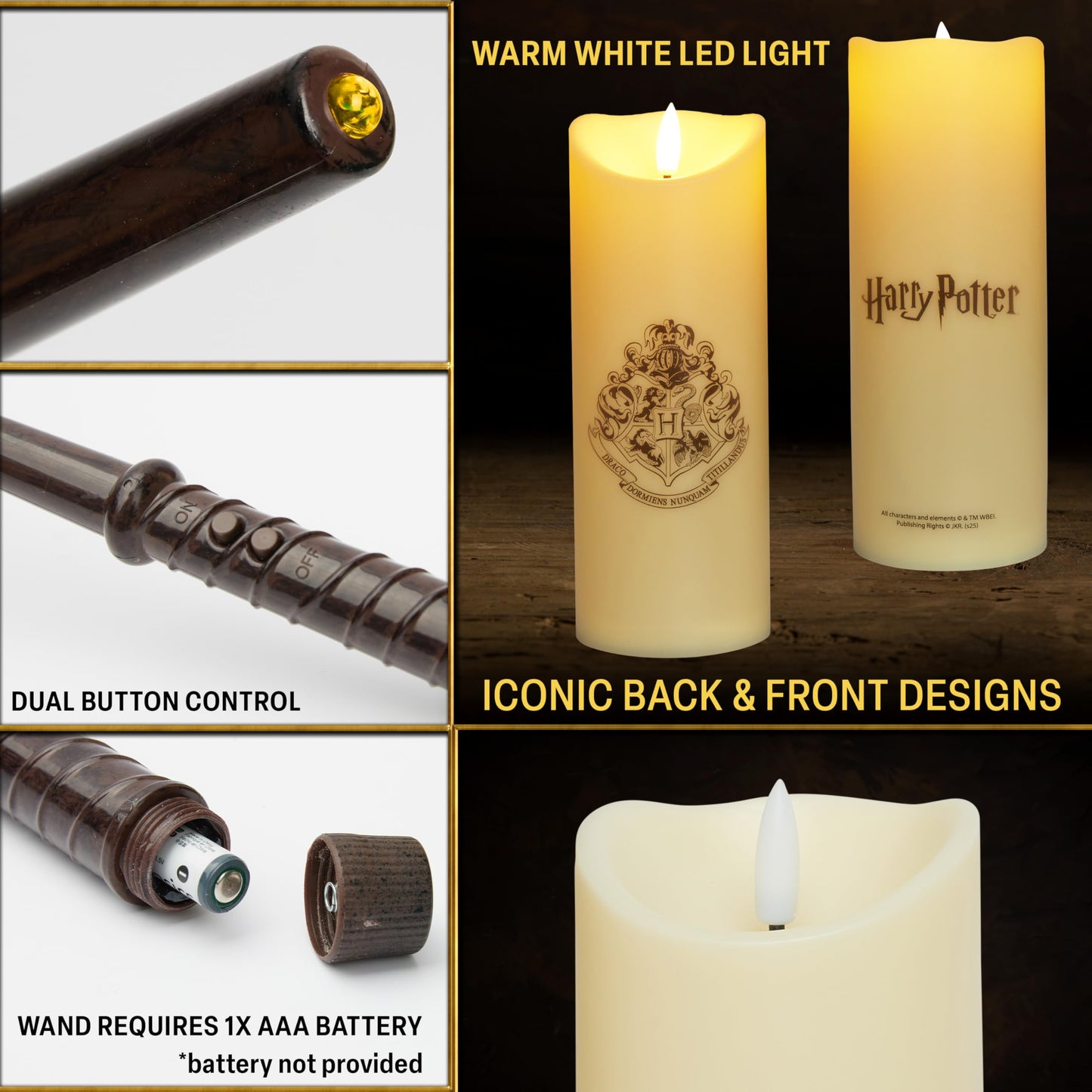 Harry Potter LED Candle with Wand Remote Control Hogwarts Crest Flameless Light for Kids 16ft Spell-Cast Range Room Decor Display Nightlight Gifts