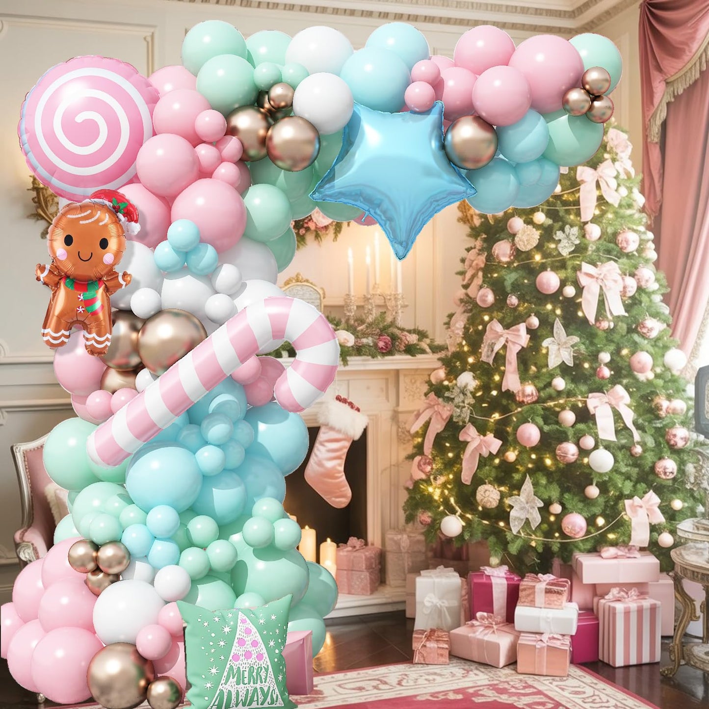 Christmas Balloon Garland Arch Kit, Nutcracker Balloon Pastel Pink Green Balloons Candy Cane Reindeer Peppermint Foil Balloons for Candyland Christmas Party Decorations Xmas Birthday Holiday Party