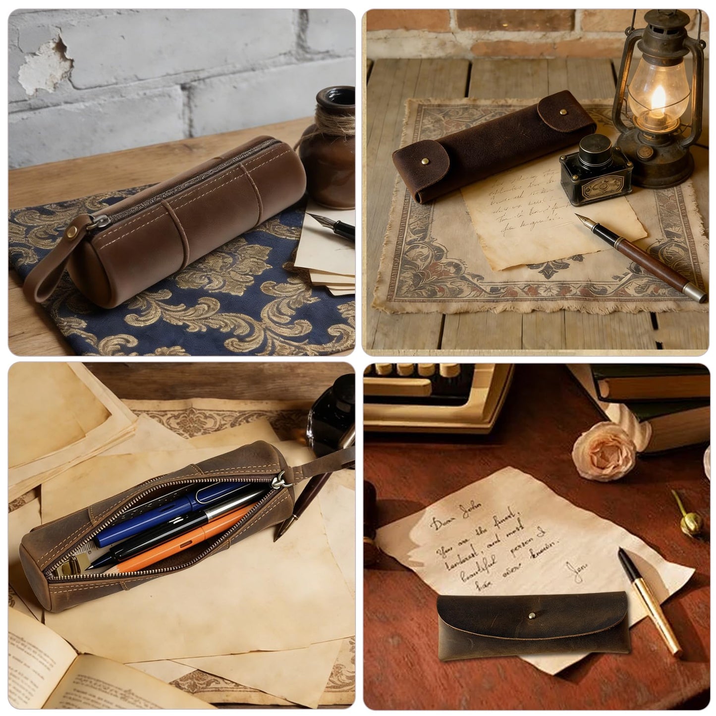 ququfortuna leather pencil case set -2pcs full grain leather zippered pen pouch bag, handmade stationery storage, elegant gift with high-end pencil pouch (brown set) (SET)