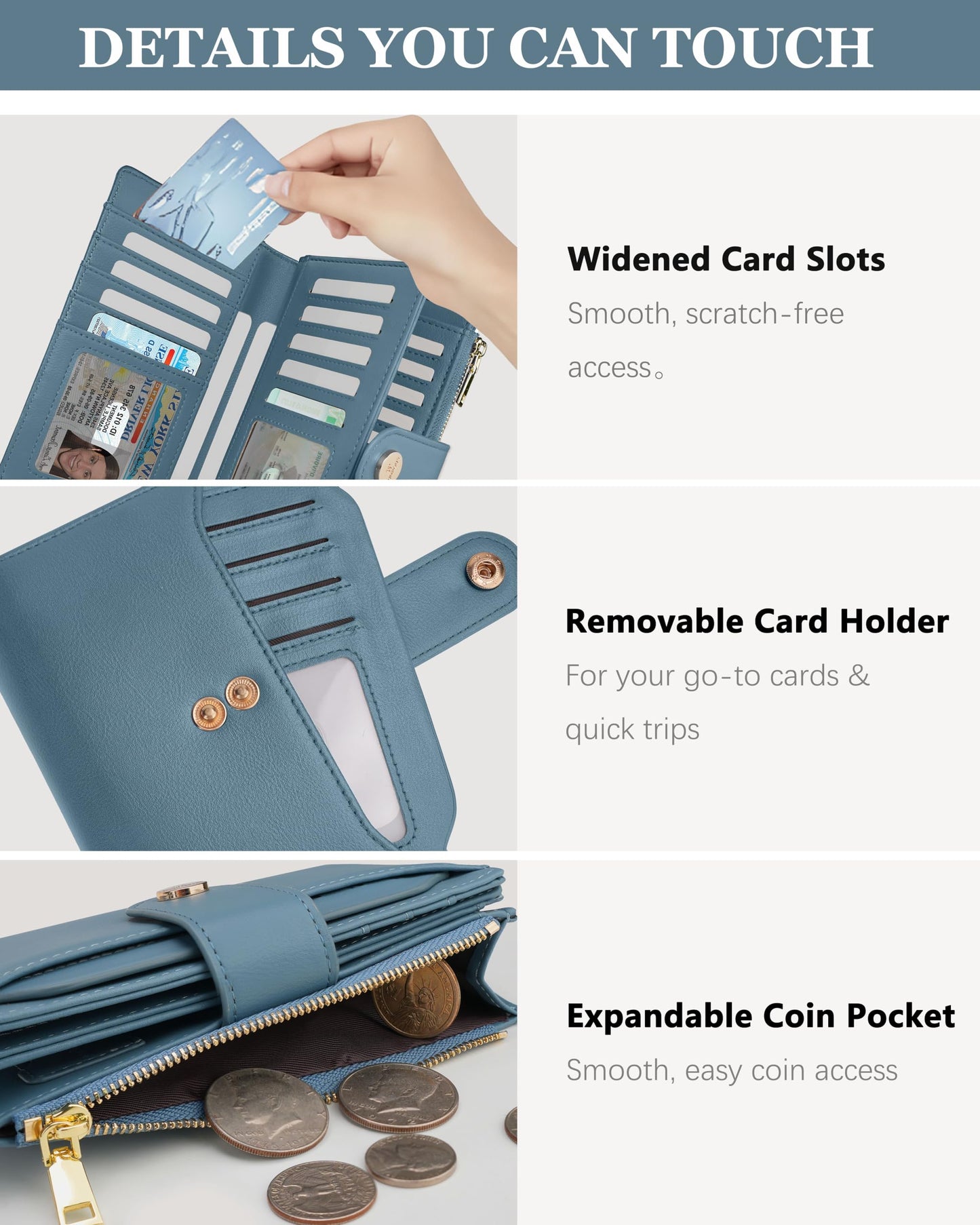 Sunpour Women’s RFID Blocking Leather Trifold Wallet, Large Capacity Credit Card Holder Wallet for Women, Travel Wallet(Blue)